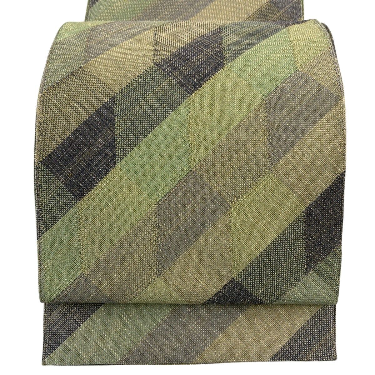 【美品】 袋帯 秀品 斜縞 亀甲 金糸 薄緑 お太鼓柄 正絹 【中古】