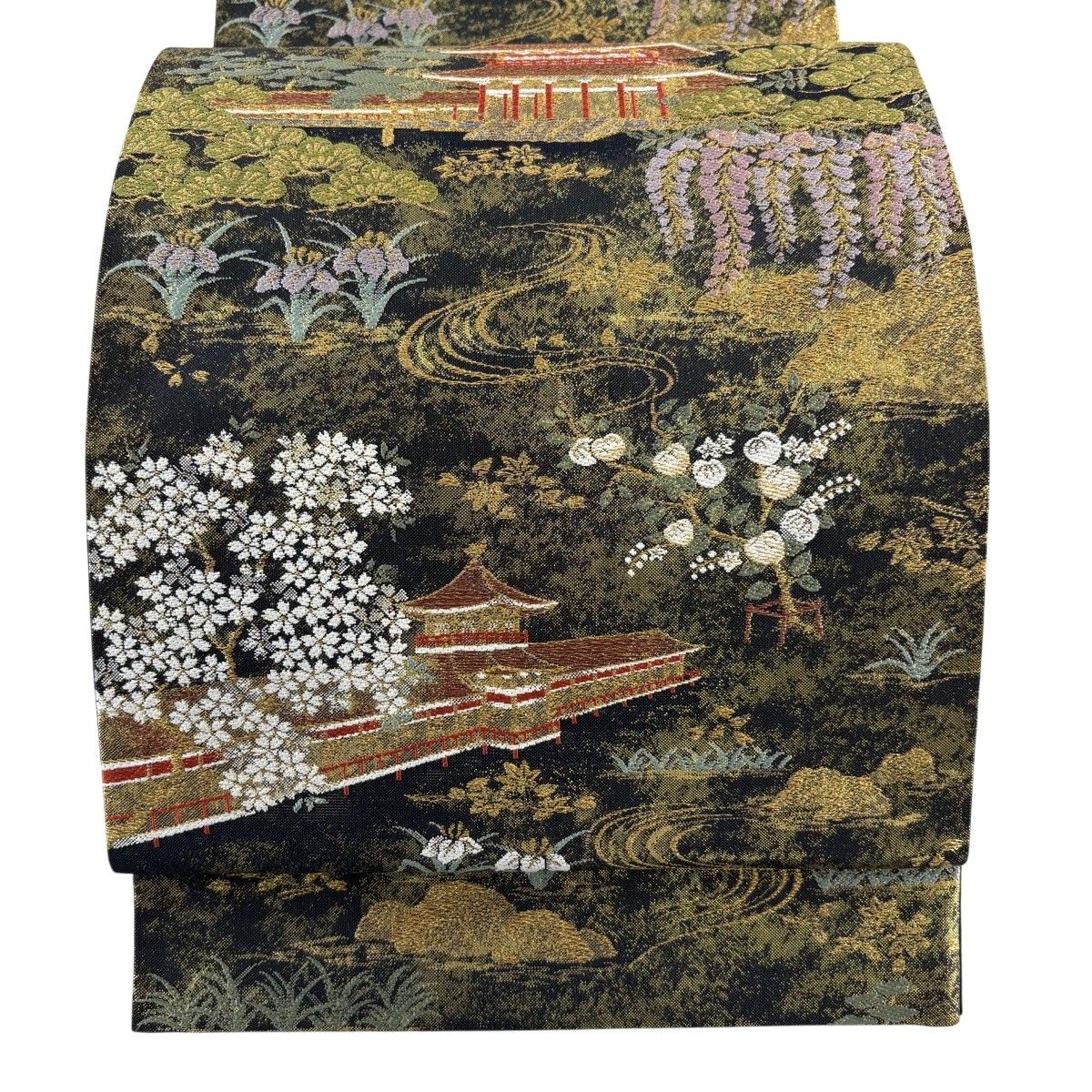 【美品】 袋帯 秀品 建物 藤 箔 黒 六通 正絹 【中古】