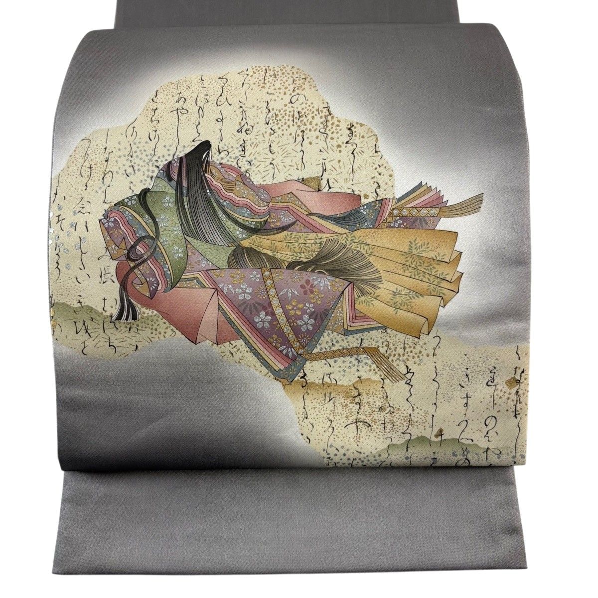 【美品】 袋帯 秀品 姫 文字文 金銀彩 ぼかし 灰色 お太鼓柄 正絹 【中古】