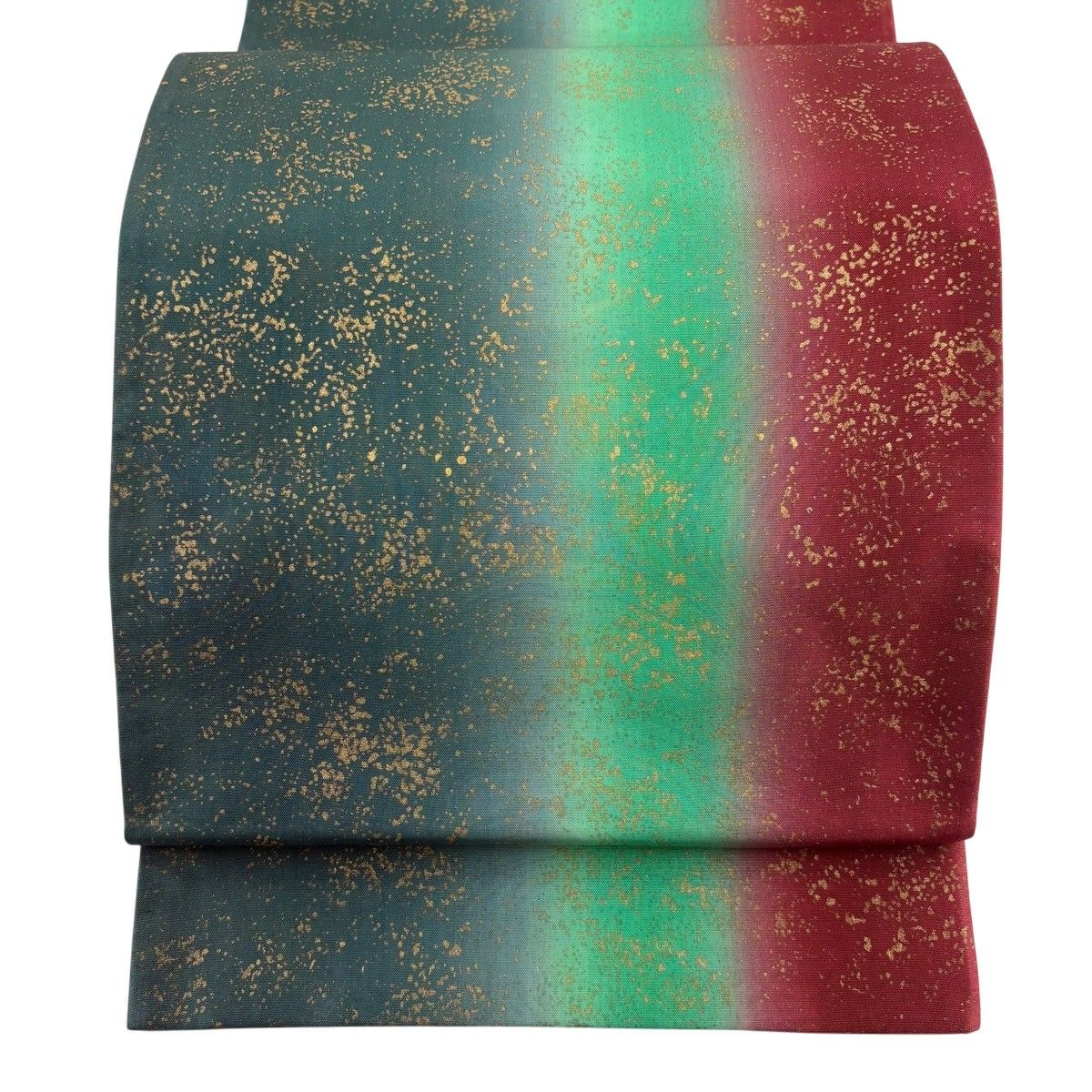【美品】 袋帯 秀品 証紙 大島紬地 幾何学 金彩 灰緑 全通 正絹 【中古】