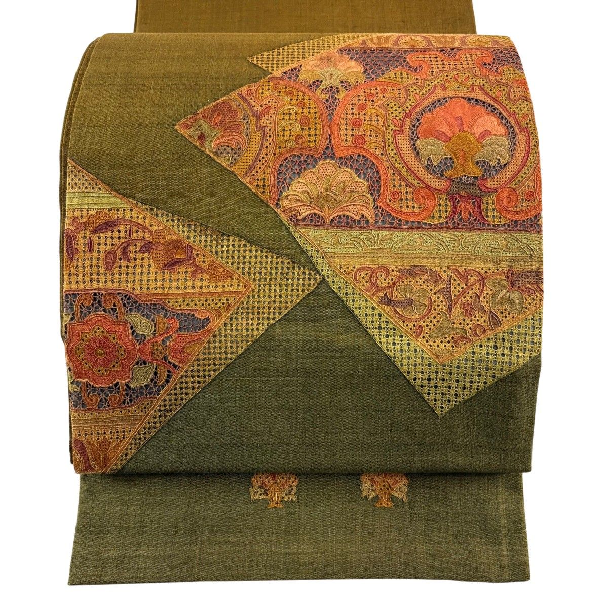 【美品】 袋帯 秀品 紬地 草花 刺繍 茶緑色 お太鼓柄 正絹 【中古】