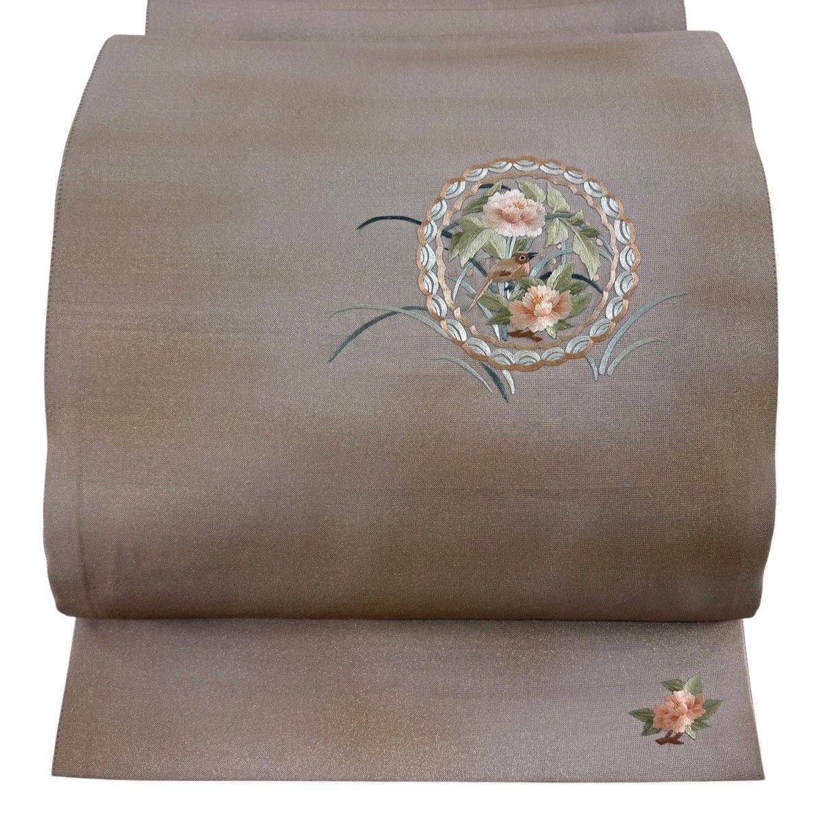 【美品】 袋帯 秀品 鳥 牡丹 蘇州刺繍 金彩 灰茶 お太鼓柄 正絹 【中古】