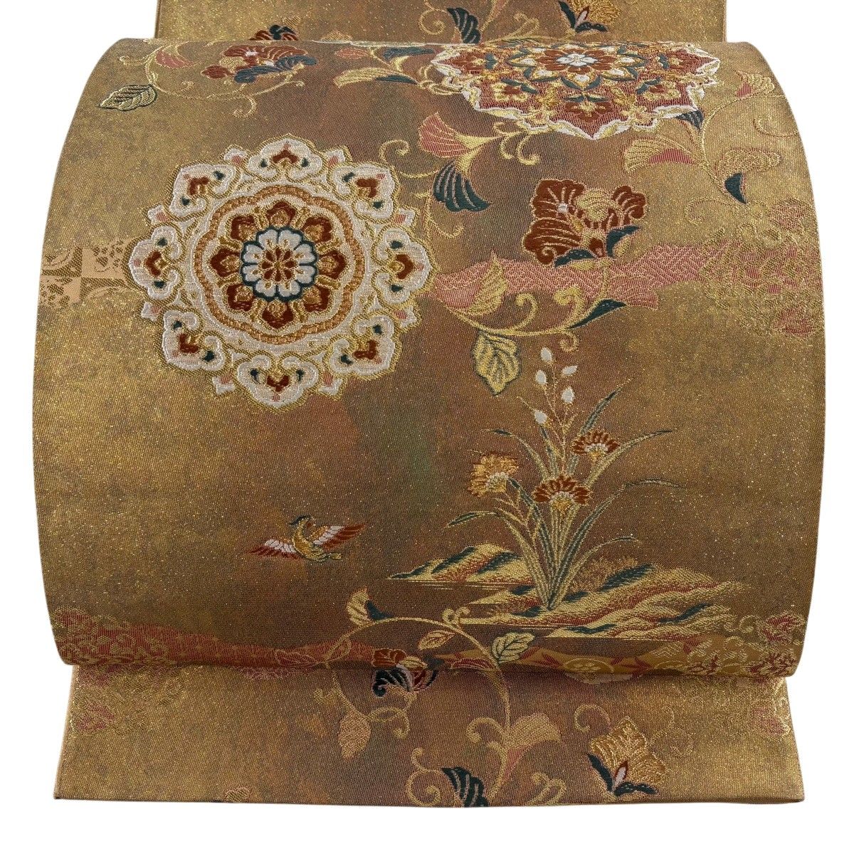 【美品】 袋帯 秀品 華文 花唐草 箔 金糸 黄土色 六通 正絹 【中古】