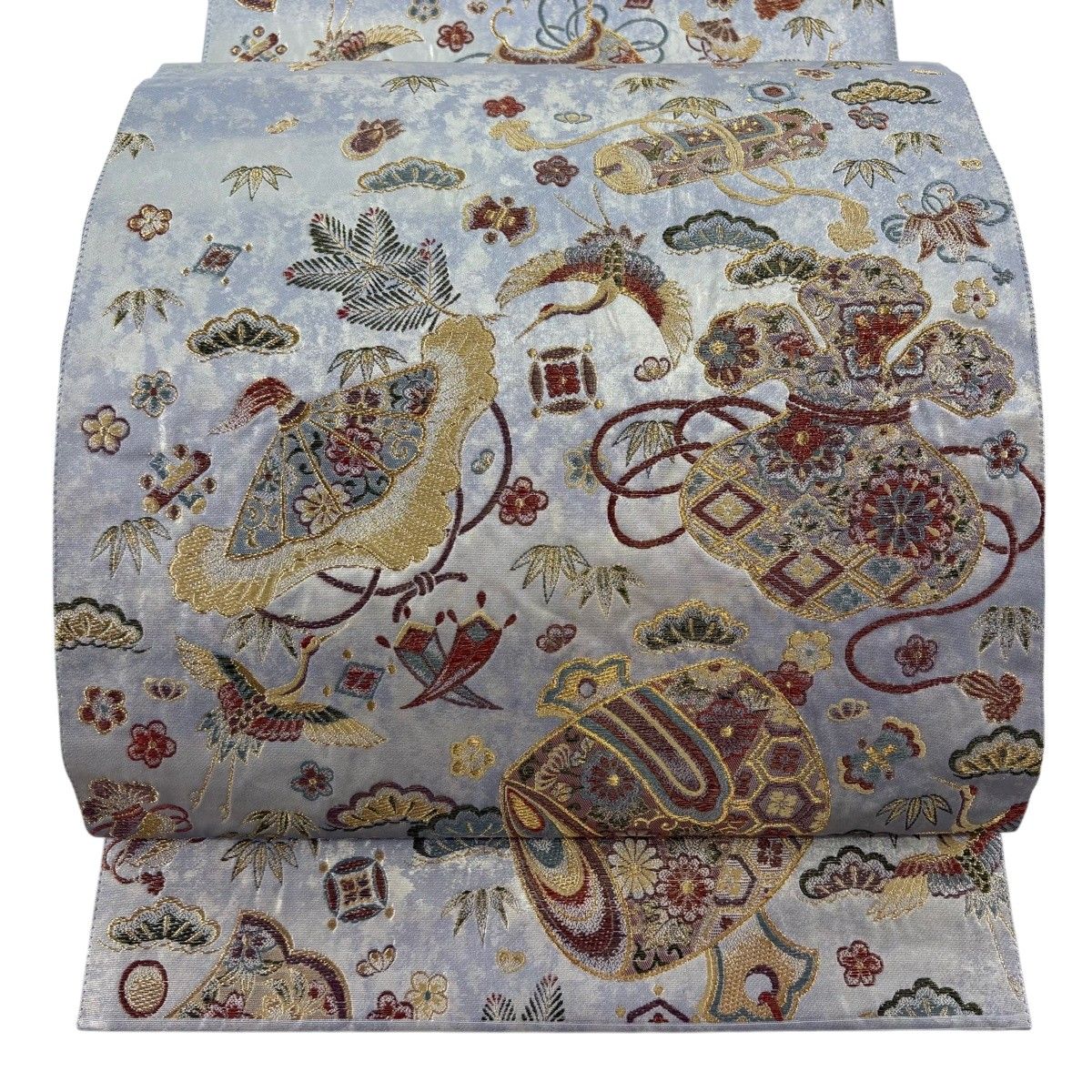 【美品】 袋帯 秀品 寿宝瑞宴文 宝尽くし 松竹梅 箔 金糸 青灰色 六通 正絹 【中古】