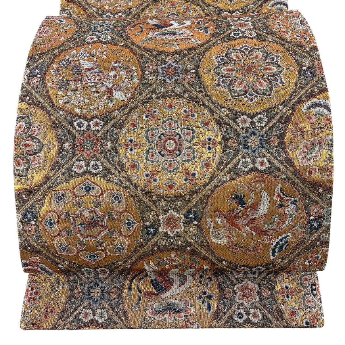 【美品】 袋帯 秀品 菱格子 花鳥 箔 茶色 六通 正絹 【中古】