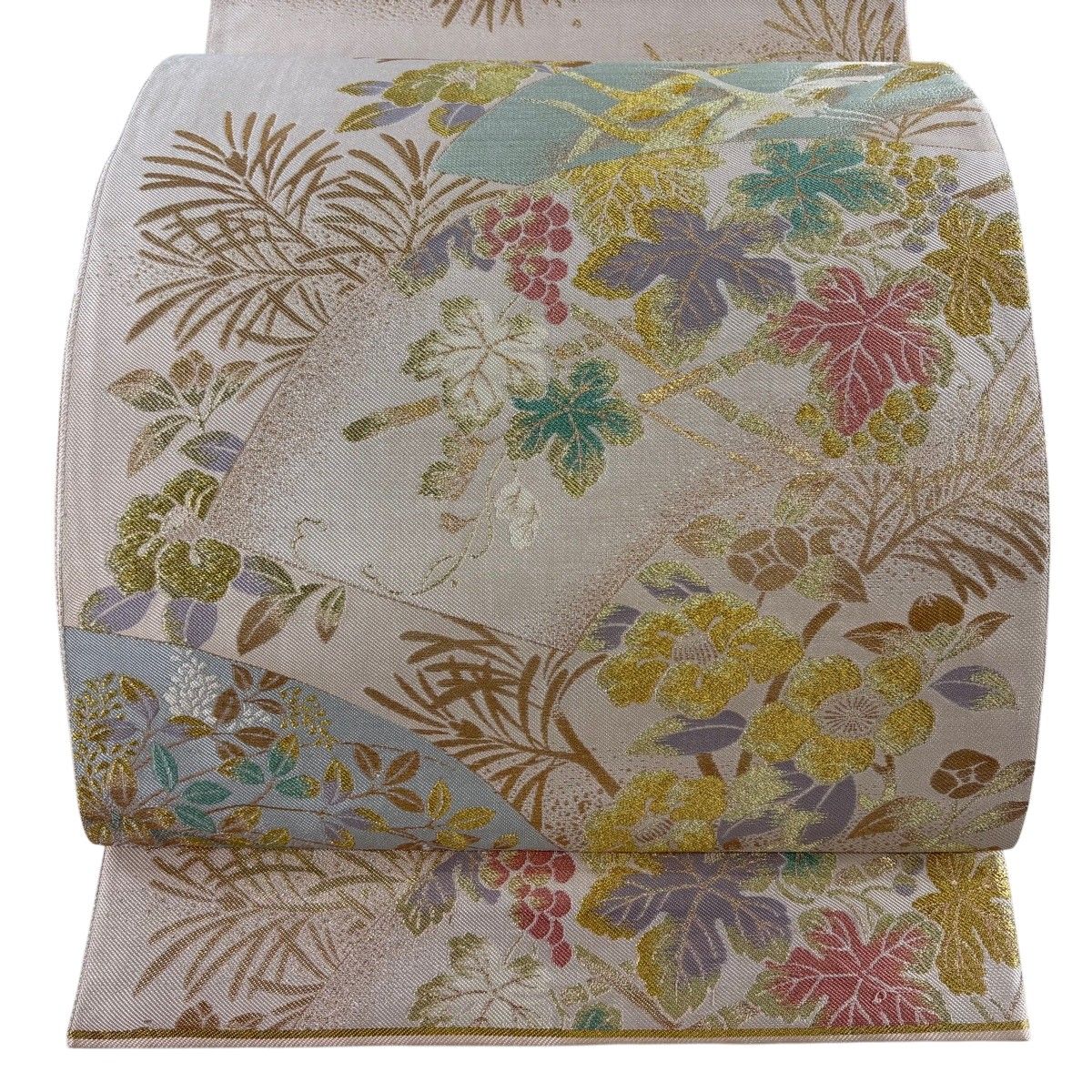 【美品】 袋帯 秀品 扇面 葡萄 箔 金糸 薄ピンク 六通 正絹 【中古】