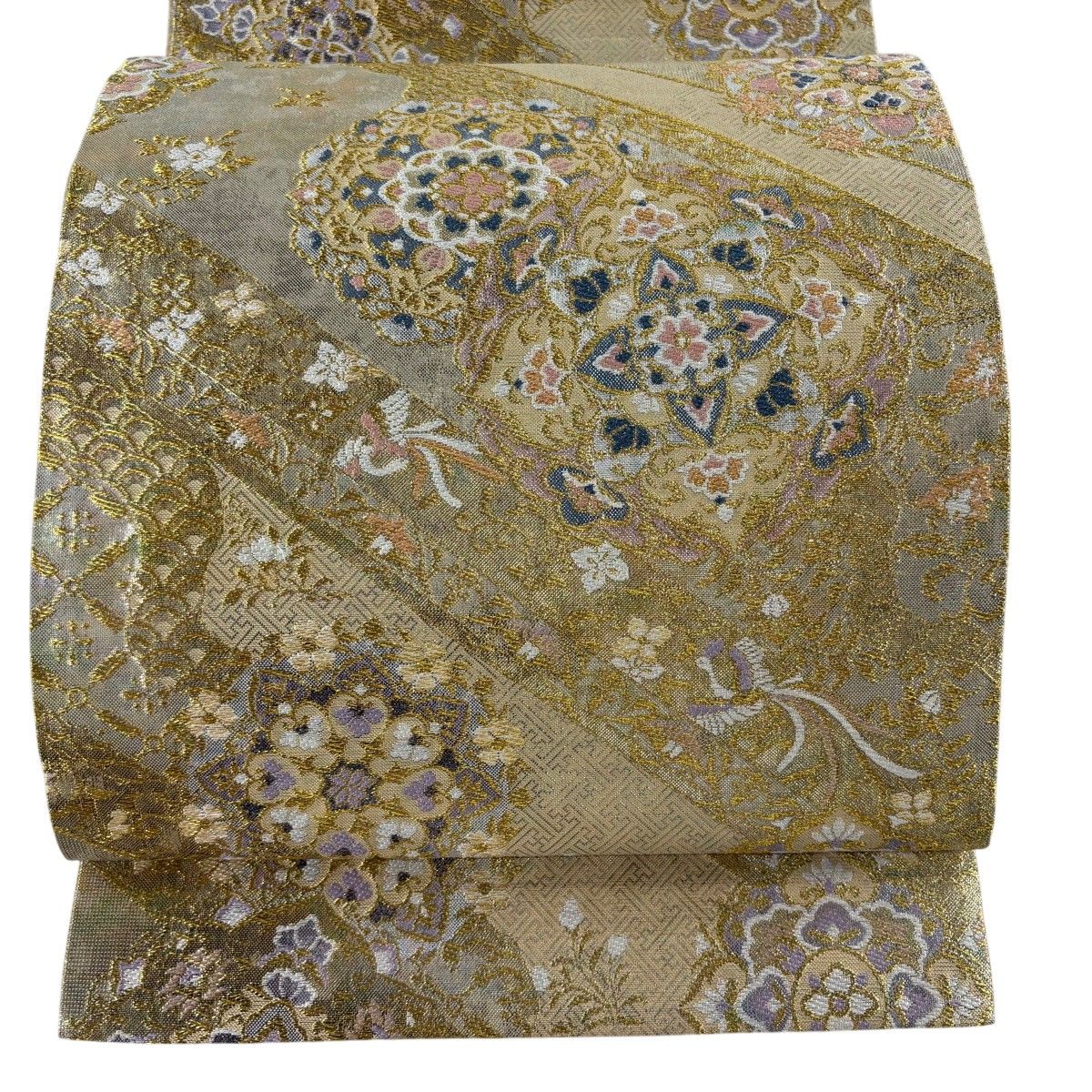【美品】 袋帯 秀品 華文 花鳥 箔 金糸 黄色 六通 正絹 【中古】