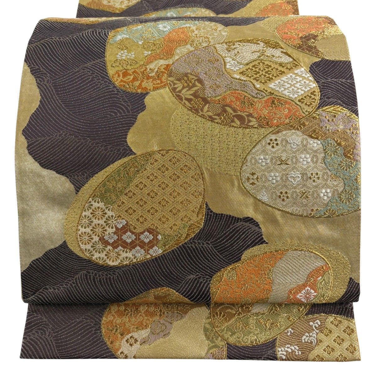 【美品】 袋帯 秀品 貝合わせ 草花 金銀糸 箔 紫 六通 正絹 【中古】