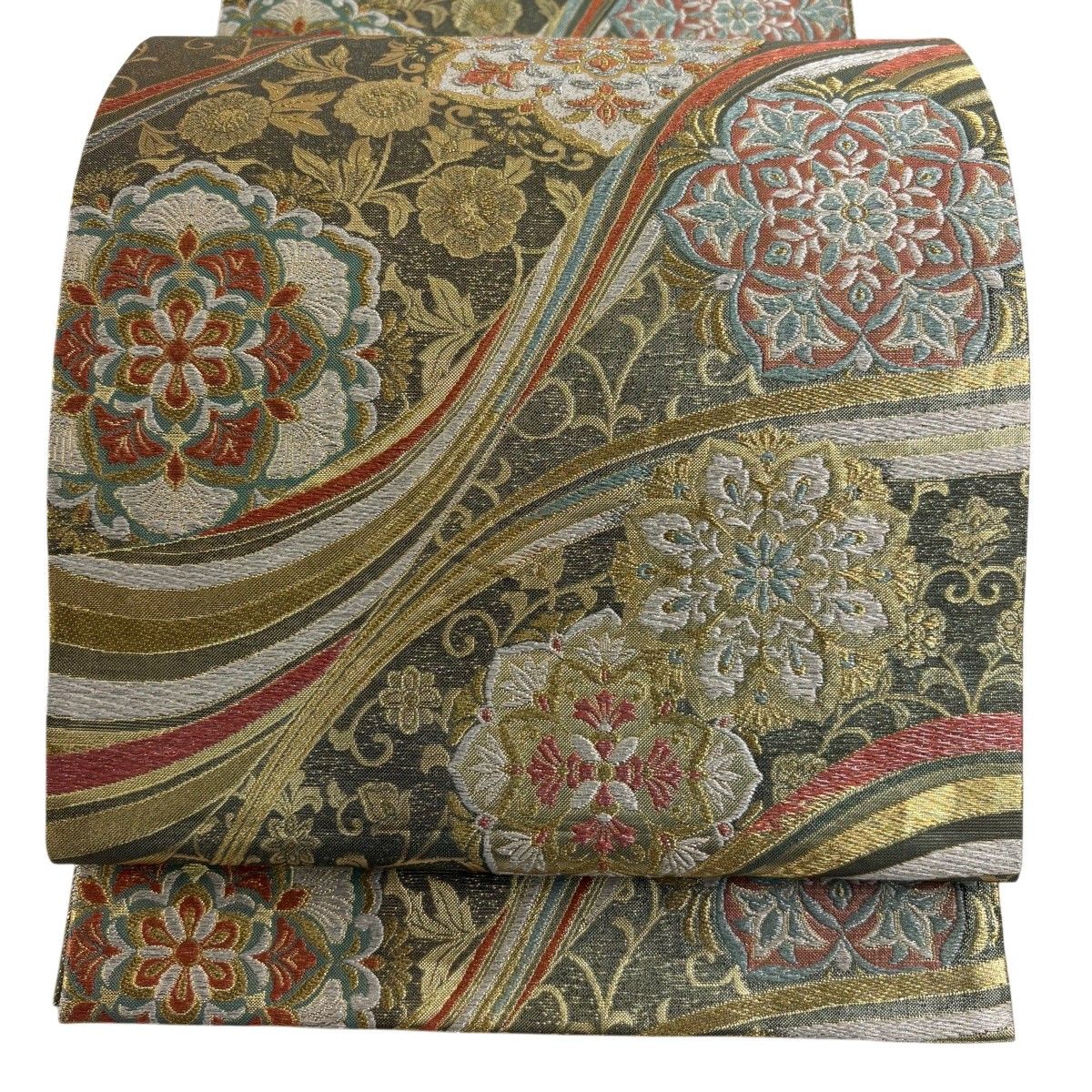 【美品】 袋帯 秀品 華文 花唐草 金銀糸 箔 灰緑 六通 正絹 【中古】