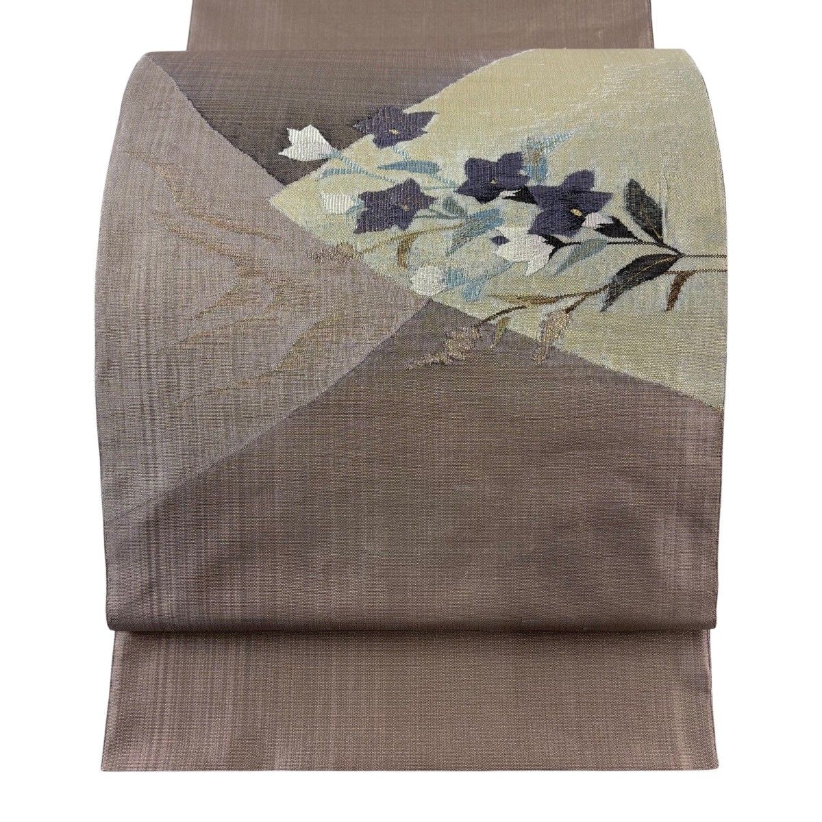 【美品】 袋帯 秀品 桔梗 金糸 ラメ糸 灰紫 お太鼓柄 正絹 【中古】