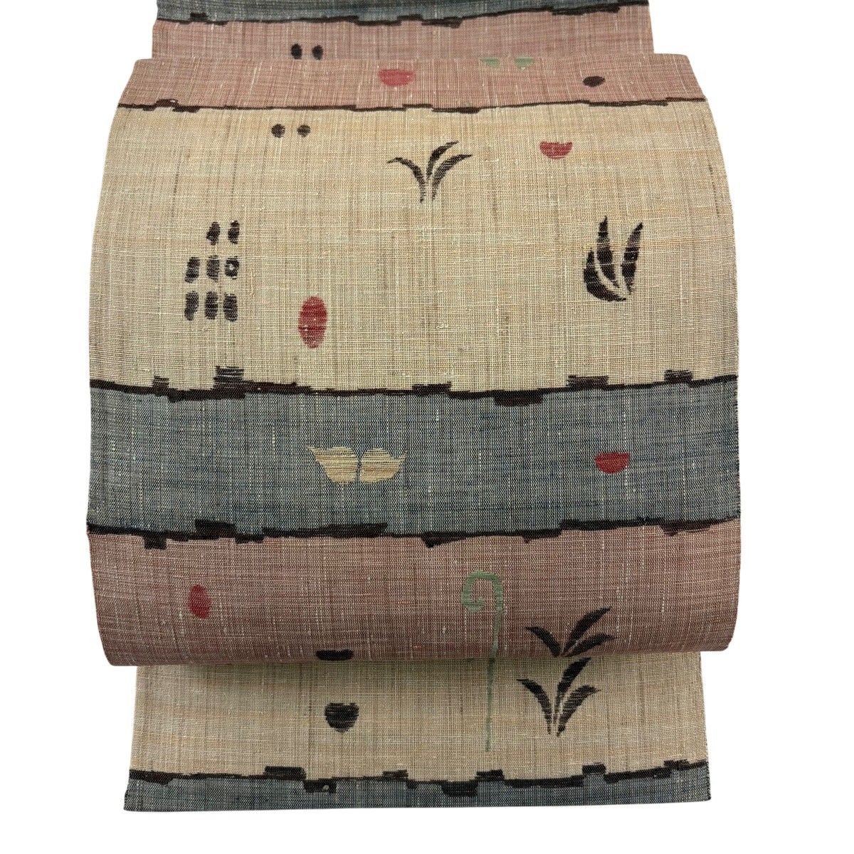 【美品】 名古屋帯 秀品 紬地 八寸名古屋帯 松葉仕立て 葉柄 段縞模様 薄茶色 正絹 【中古】