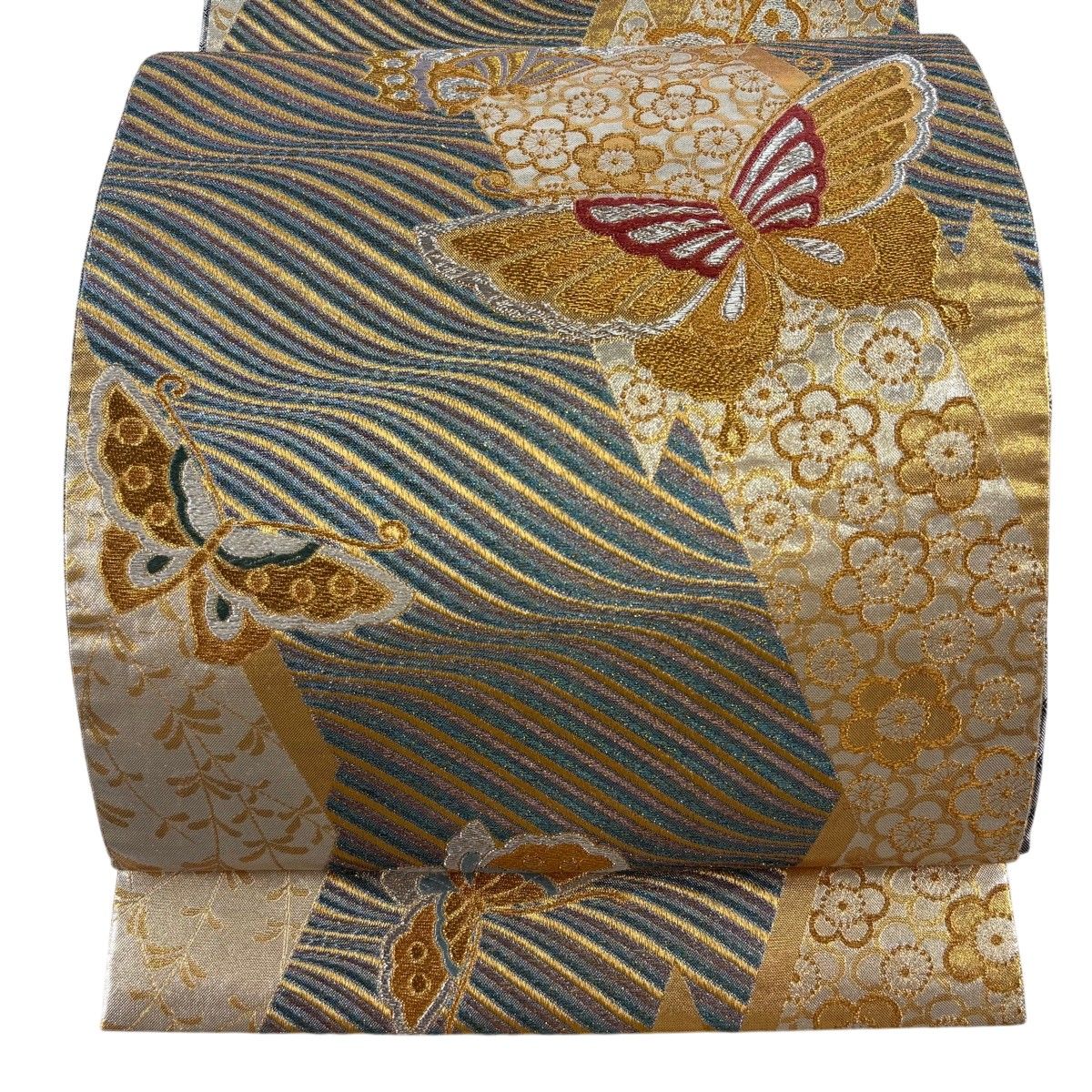 【美品】 袋帯 秀品 蝶 梅 唐織 金銀糸 金色 六通 正絹 【中古】