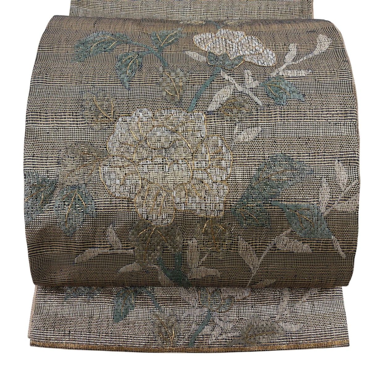 【美品】 袋帯 秀品 草花 縞 金銀糸 刺繍 ベージュ お太鼓柄 正絹 【中古】