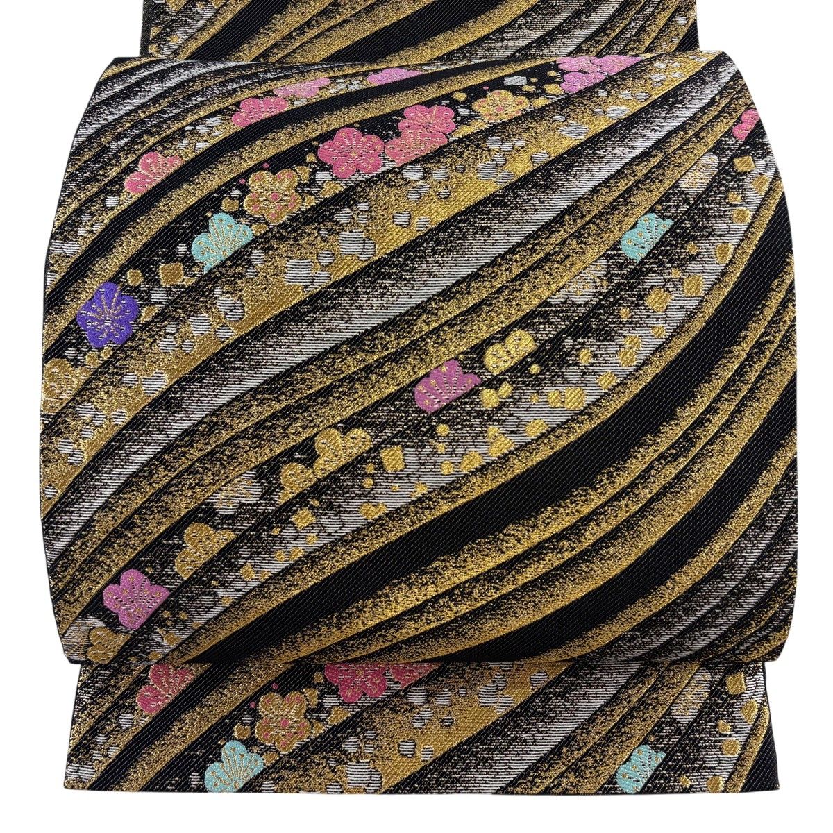 【美品】 袋帯 秀品 振袖向き 梅 流水 金糸 箔 黒 六通 正絹 【中古】