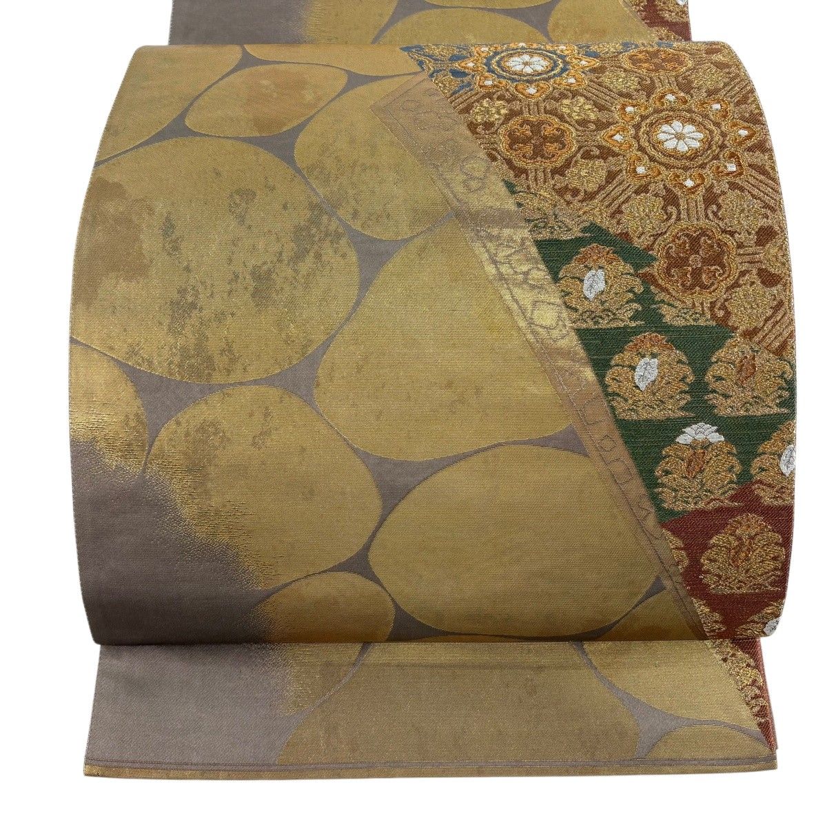 袋帯 秀品 華文 幾何学模様 箔 唐織 灰茶 六通 正絹 【中古】