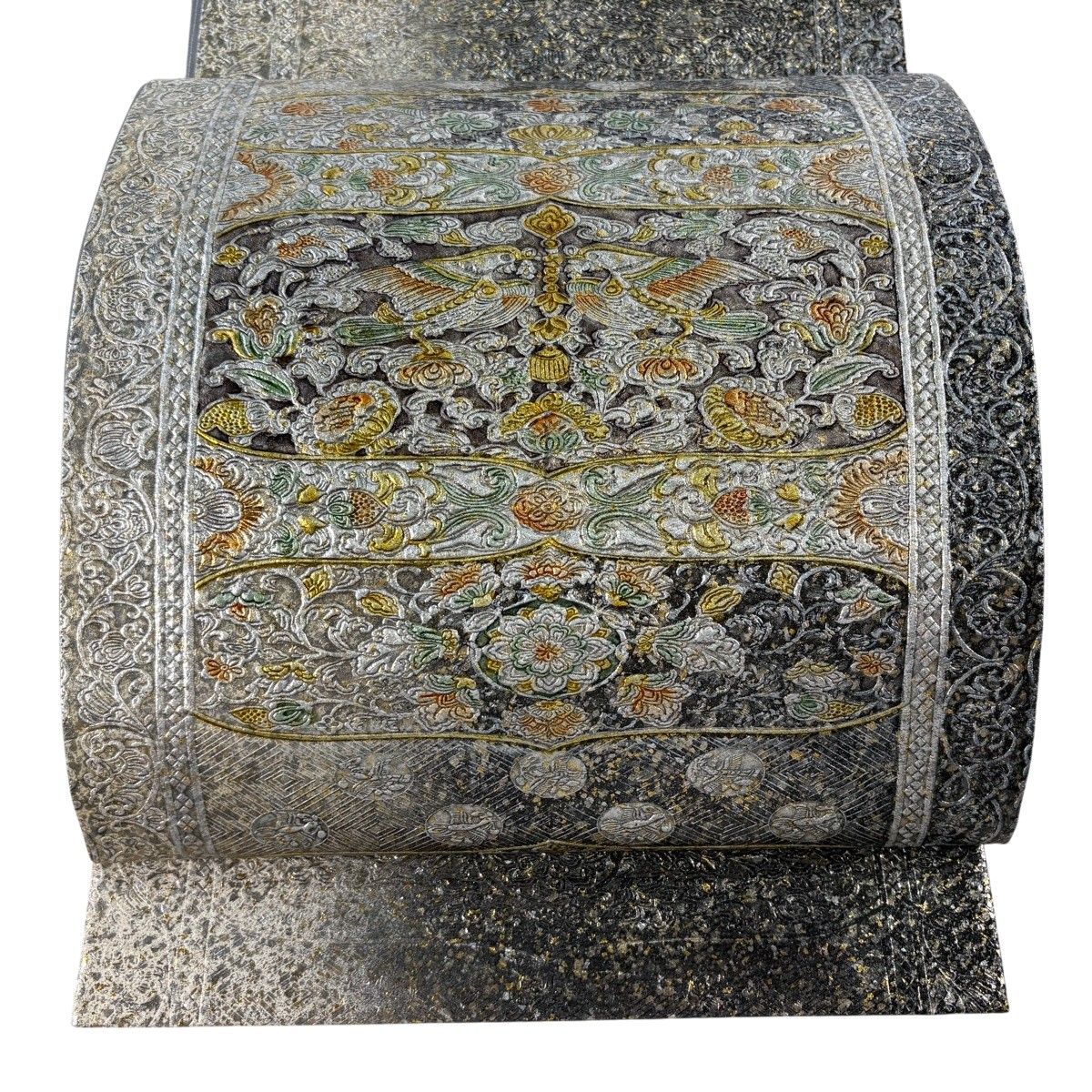 【美品】 袋帯 秀品 落款 向かい鳥 華文 金銀彩 ぼかし 黒灰 お太鼓柄 正絹 【中古】