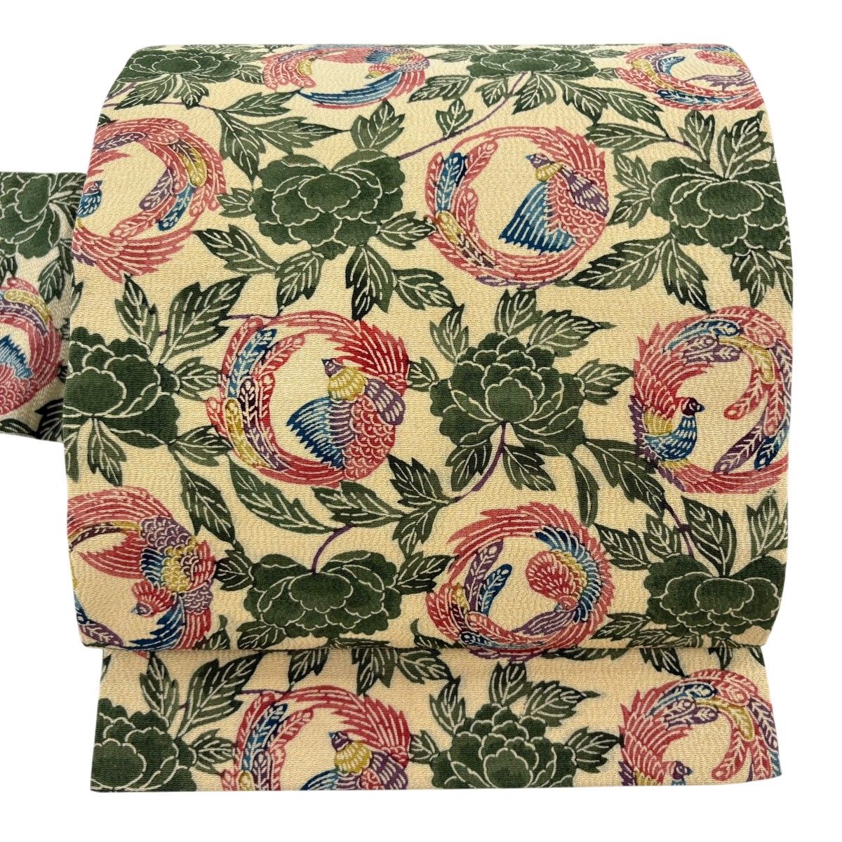 名古屋帯 秀品 尾長鳥 草花 縮緬 ベージュ 正絹 【中古】 6,512円