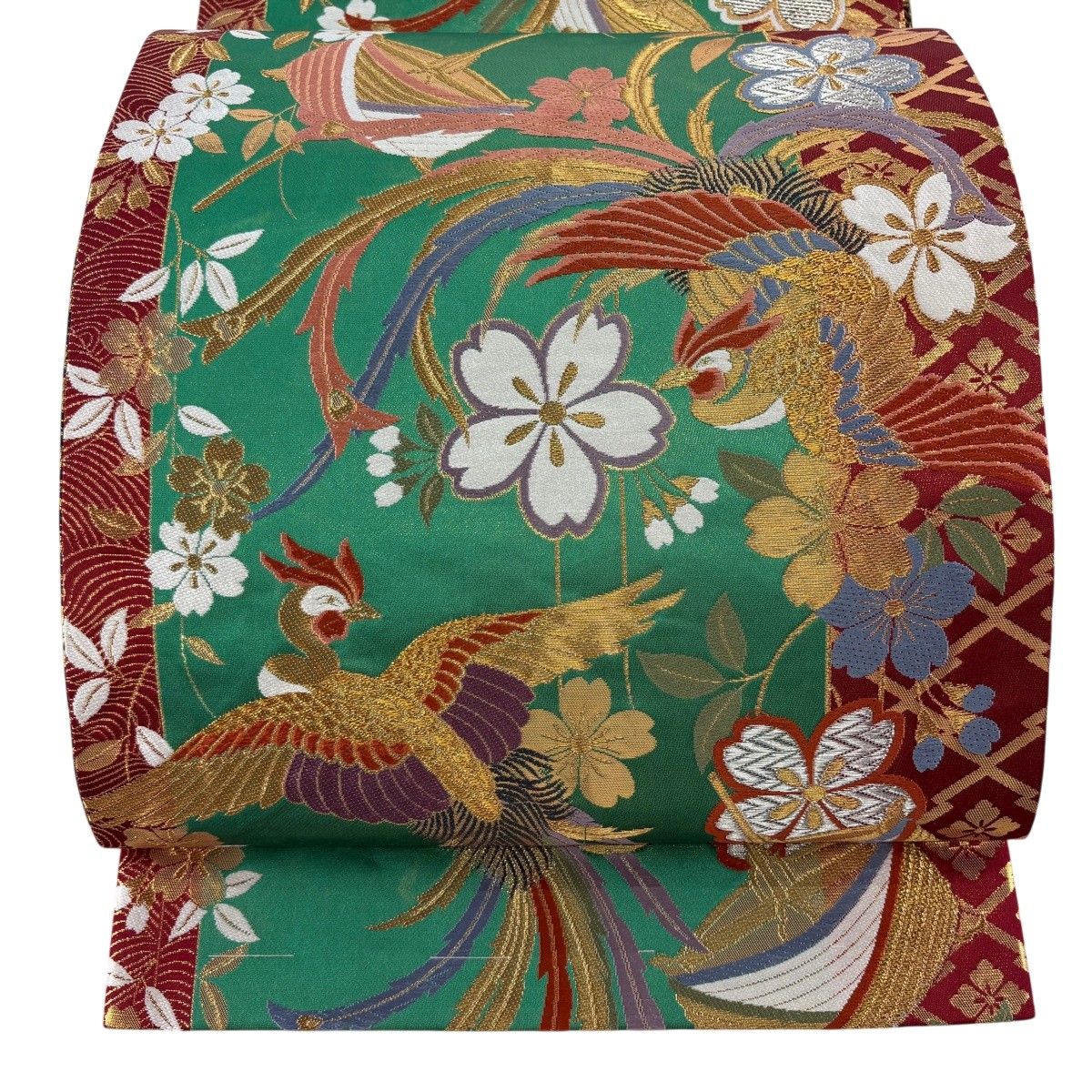 【美品】 袋帯 秀品 鳳凰 桜 箔 唐織 緑 六通 正絹 【中古】