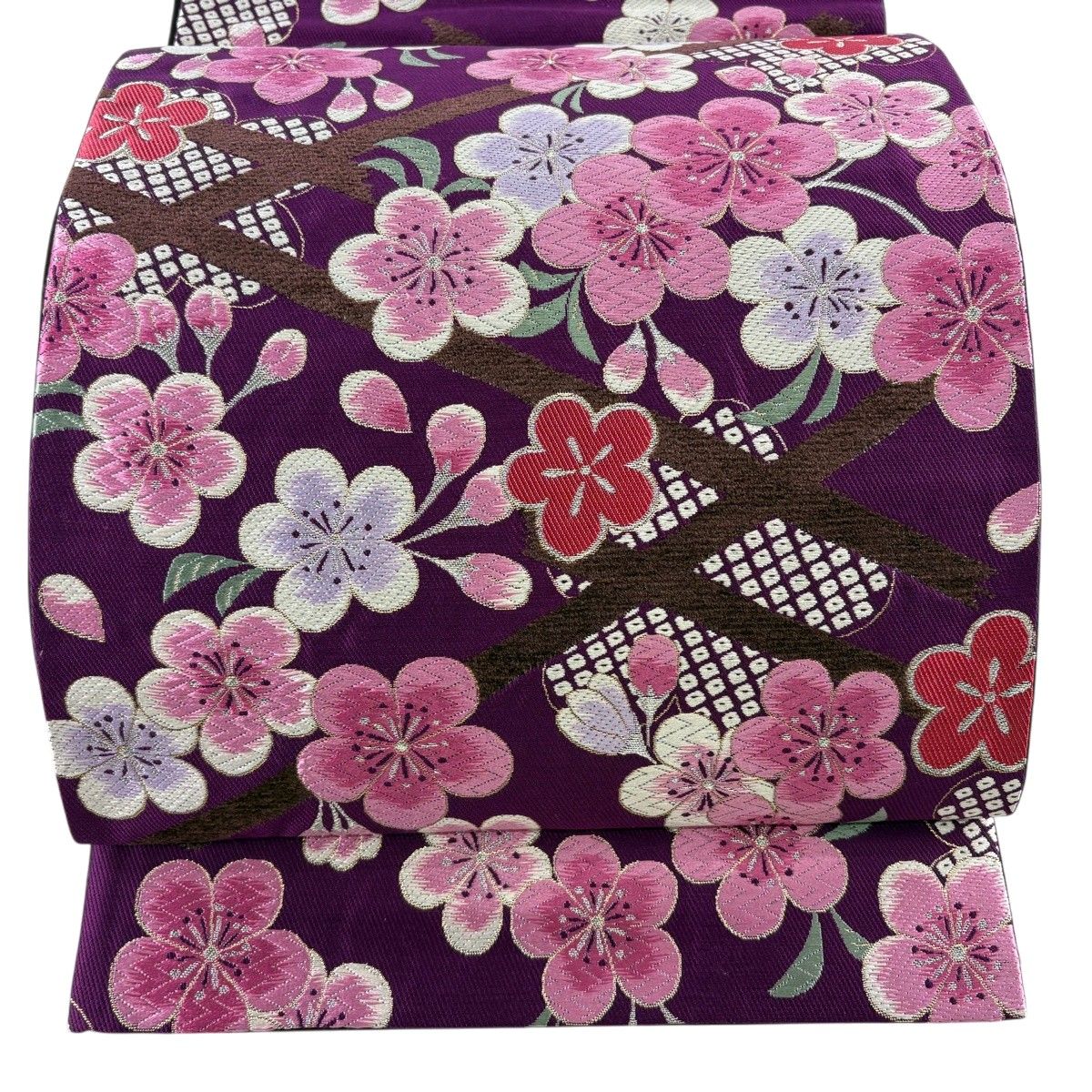 【美品】 袋帯 秀品 山本寛斎 振袖向き 梅 疋田柄 唐織 銀糸0 紫 六通 正絹 【中古】