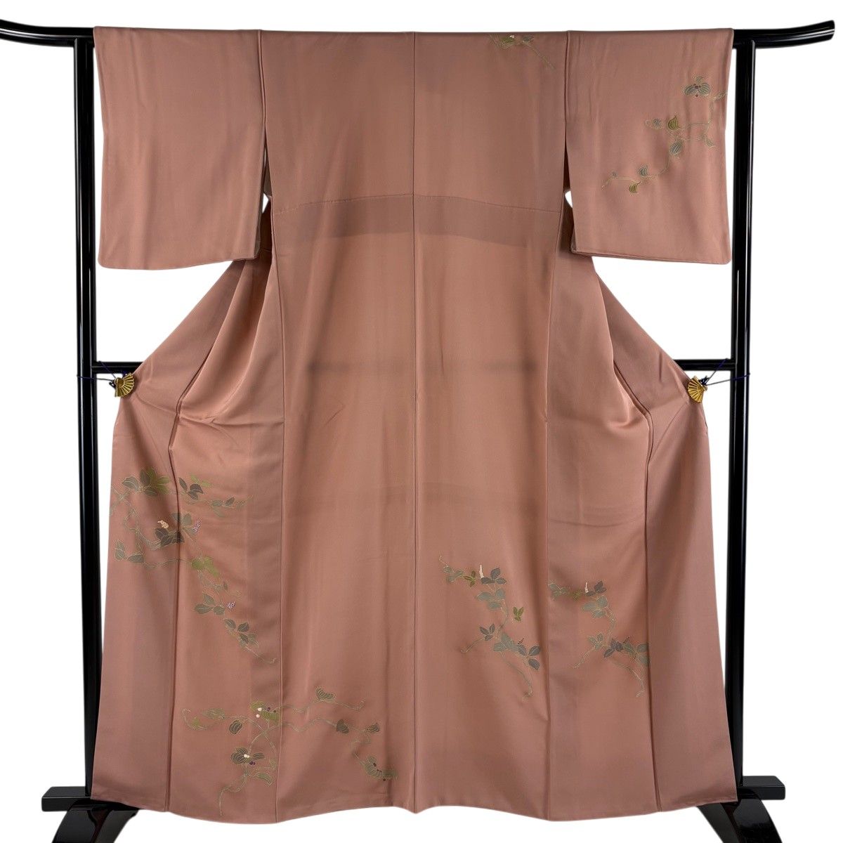 【美品】 付下げ 身丈160cm 裄丈62cm S 袷 草花 金糸 金彩 ピンクベージュ 正絹 秀品 【中古】