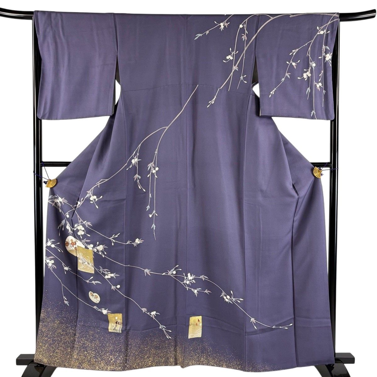 訪問着 身丈162cm 裄丈67.5cm L 袷 桜 鶴 金糸 金彩 灰紫 正絹 秀品 【中古】