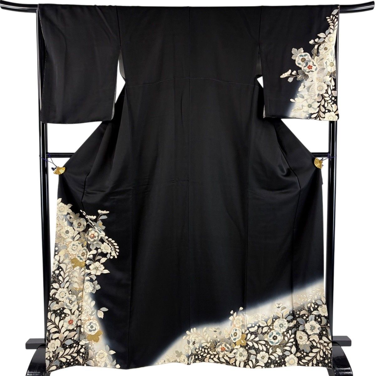 訪問着 身丈167cm 裄丈66.5cm M 袷 草花 金糸 金彩 黒 正絹 秀品