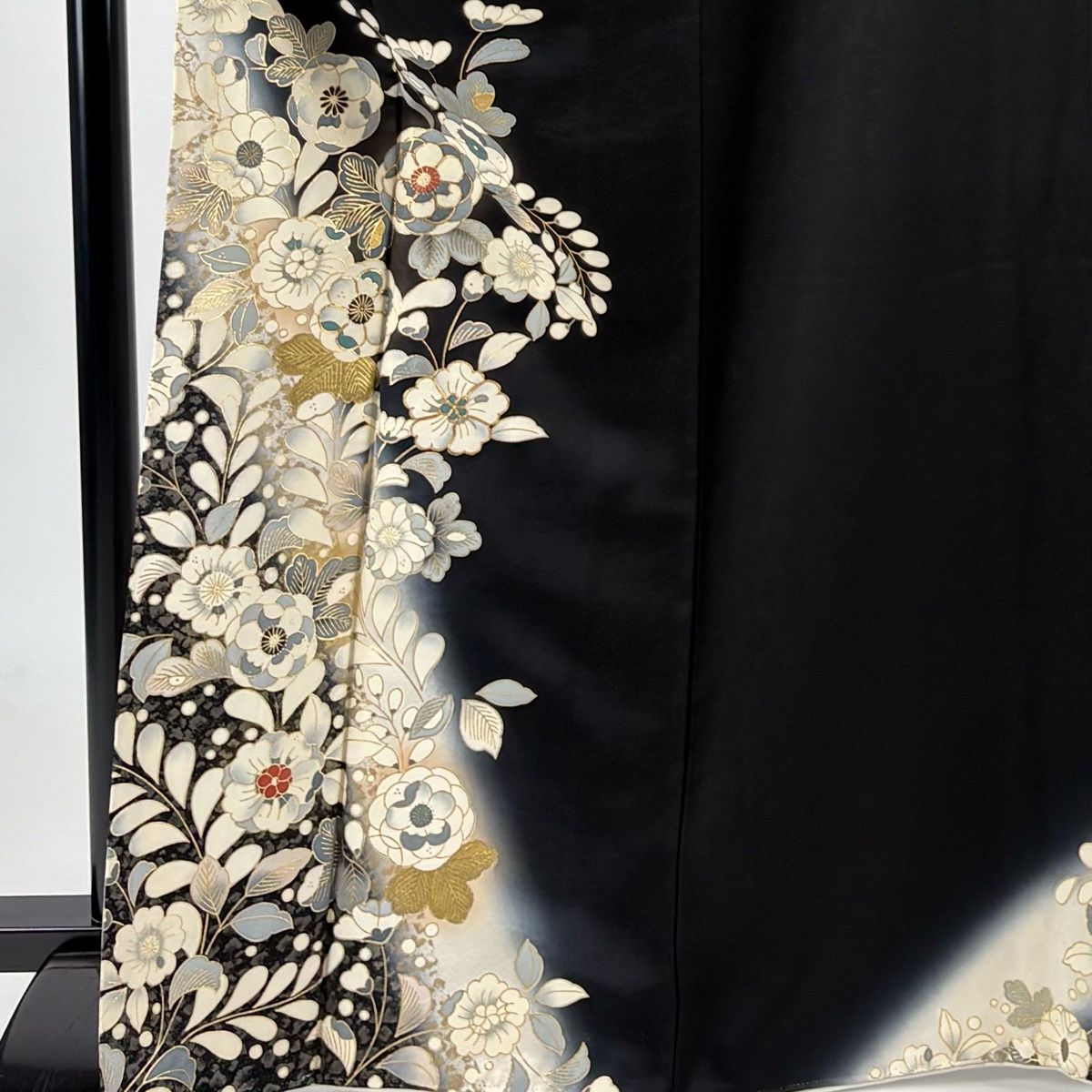 訪問着 名品 草花 金彩 ぼかし 墨色 袷 161cm 65cm M 正絹 【中古