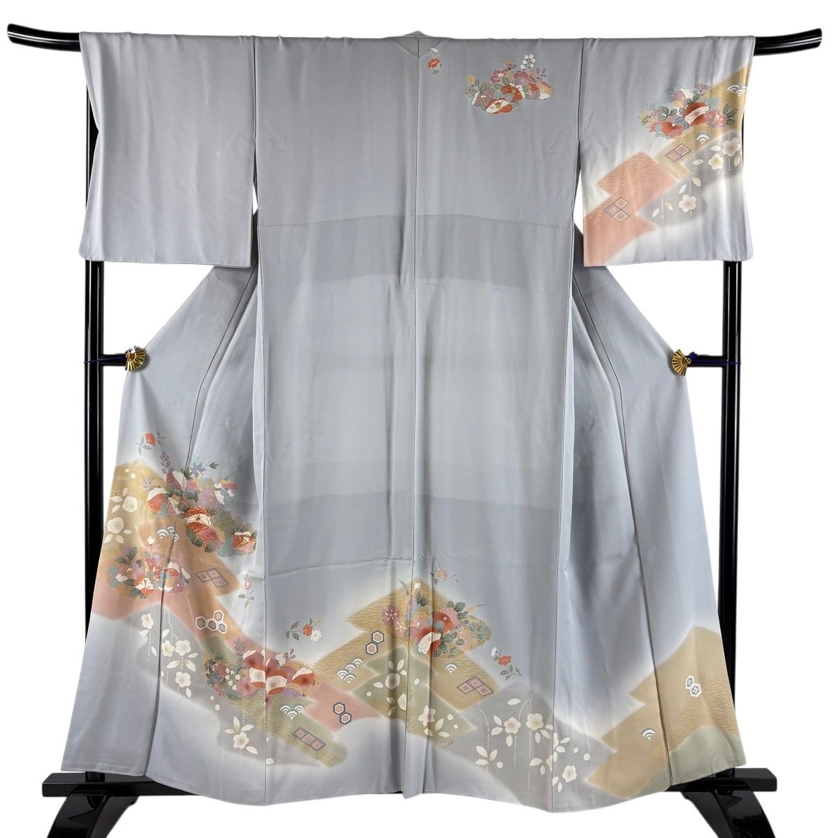 訪問着 身丈160cm 裄丈68cm L 袷 草花 菱 金糸 金彩 灰色 正絹 秀品 【中古】