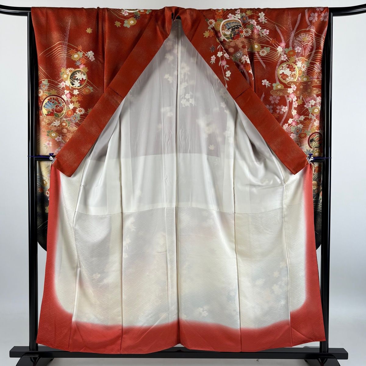振袖 身丈156cm 裄丈66cm M 袷 丸文 蝶 金糸 金彩 朱色 正絹 秀品