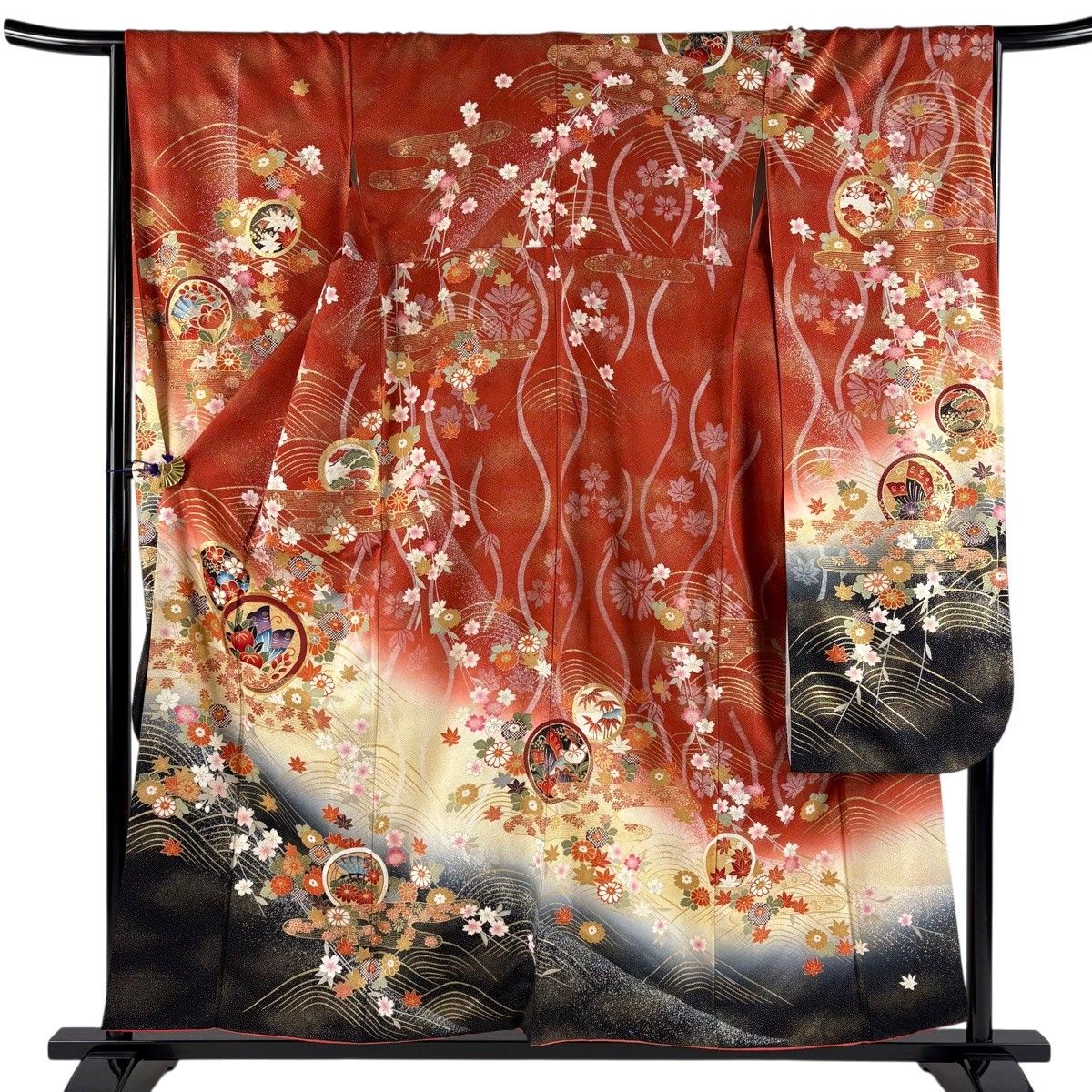 振袖単品　袷 梅 蝶 金糸 絞り 赤 正絹 秀品 振袖 身丈156cm 裄丈66cm M 袷 丸文 蝶 金糸 金彩 朱色 正絹 秀品