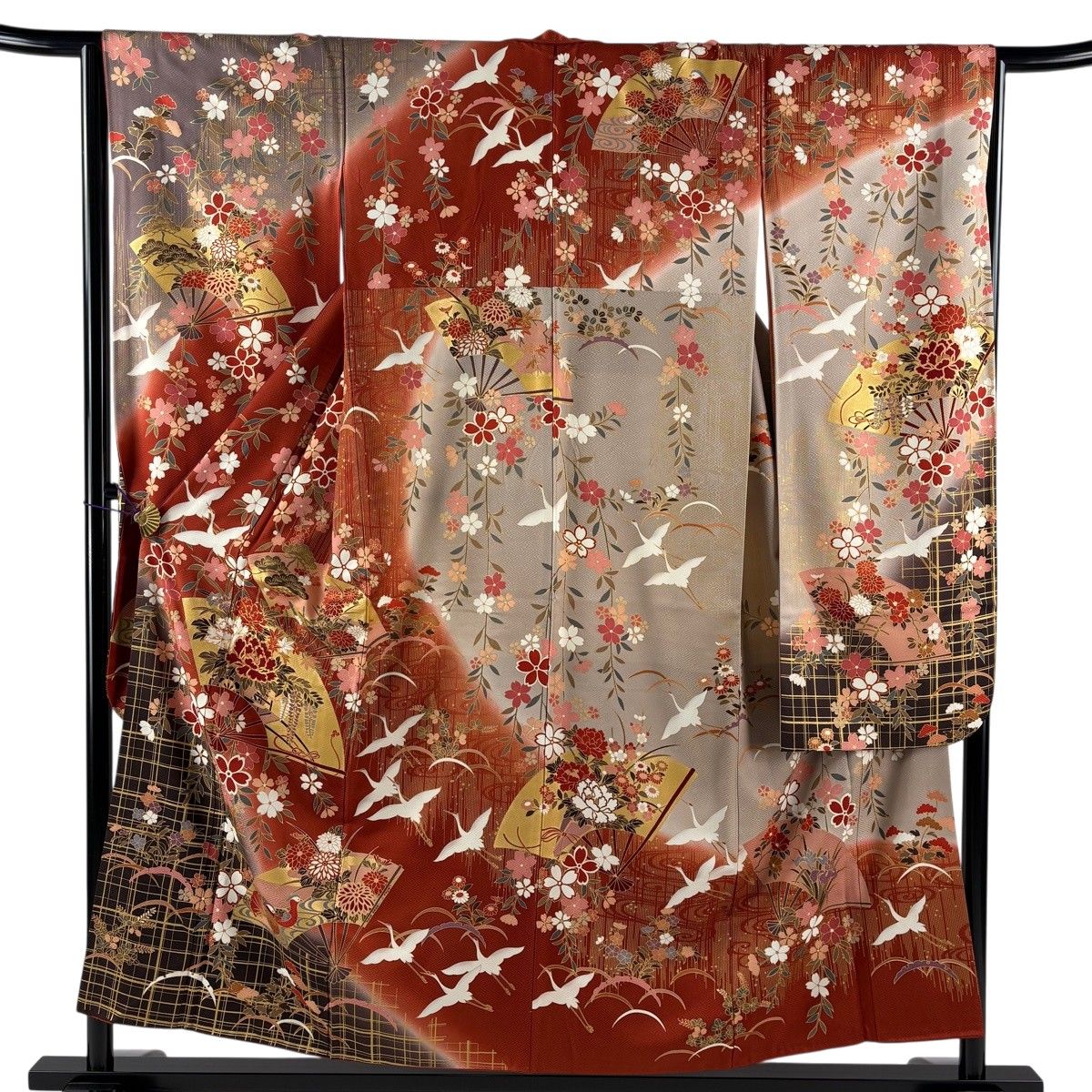 振袖 身丈153.5cm 裄丈64.5cm M 袷 扇 牡丹 金糸 金彩 赤茶 正絹 秀品 【中古】