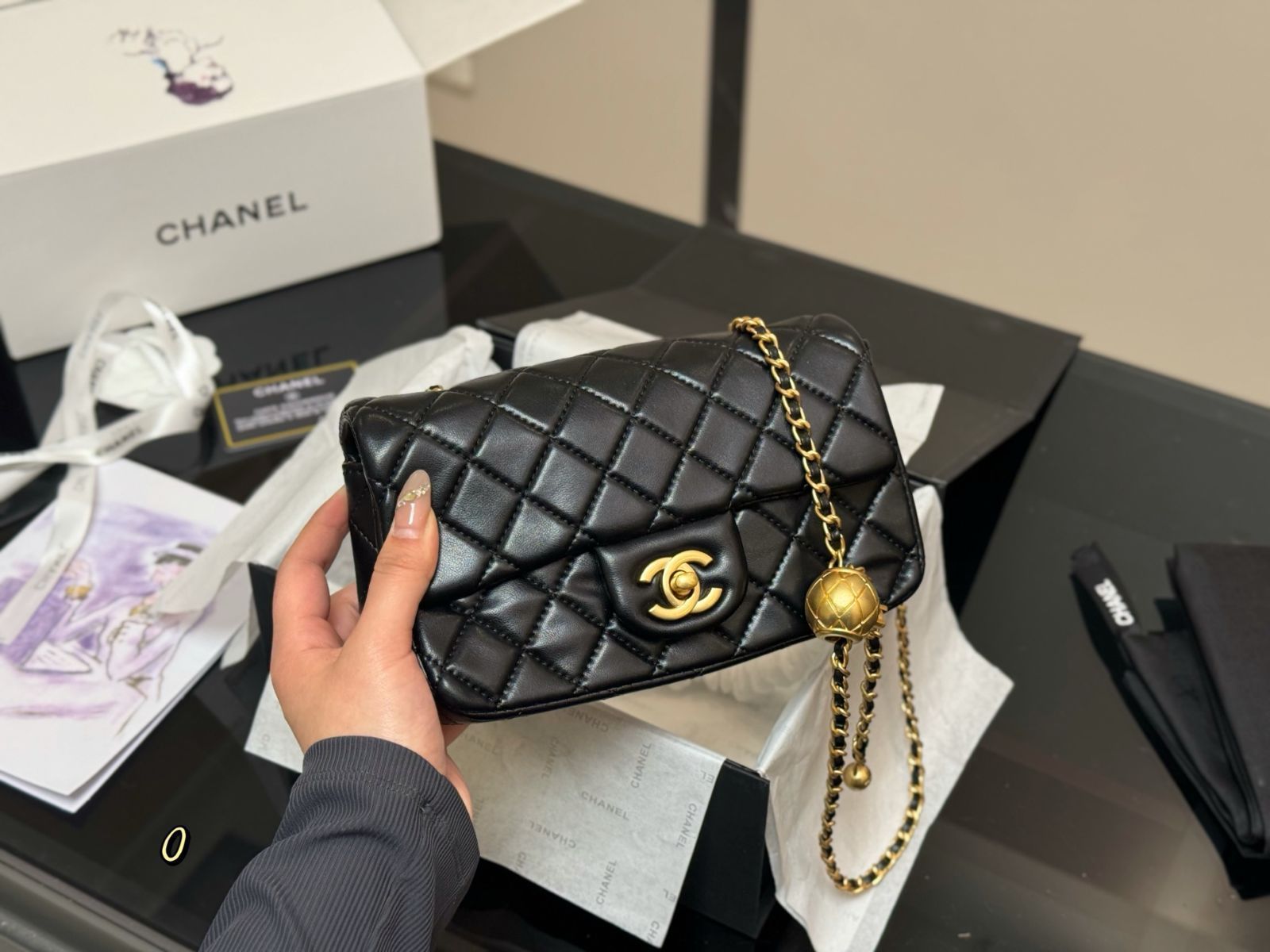 【今日特価】Chanel Gold Ball Square Flap Bag ゴールドボール スクエアバッグ