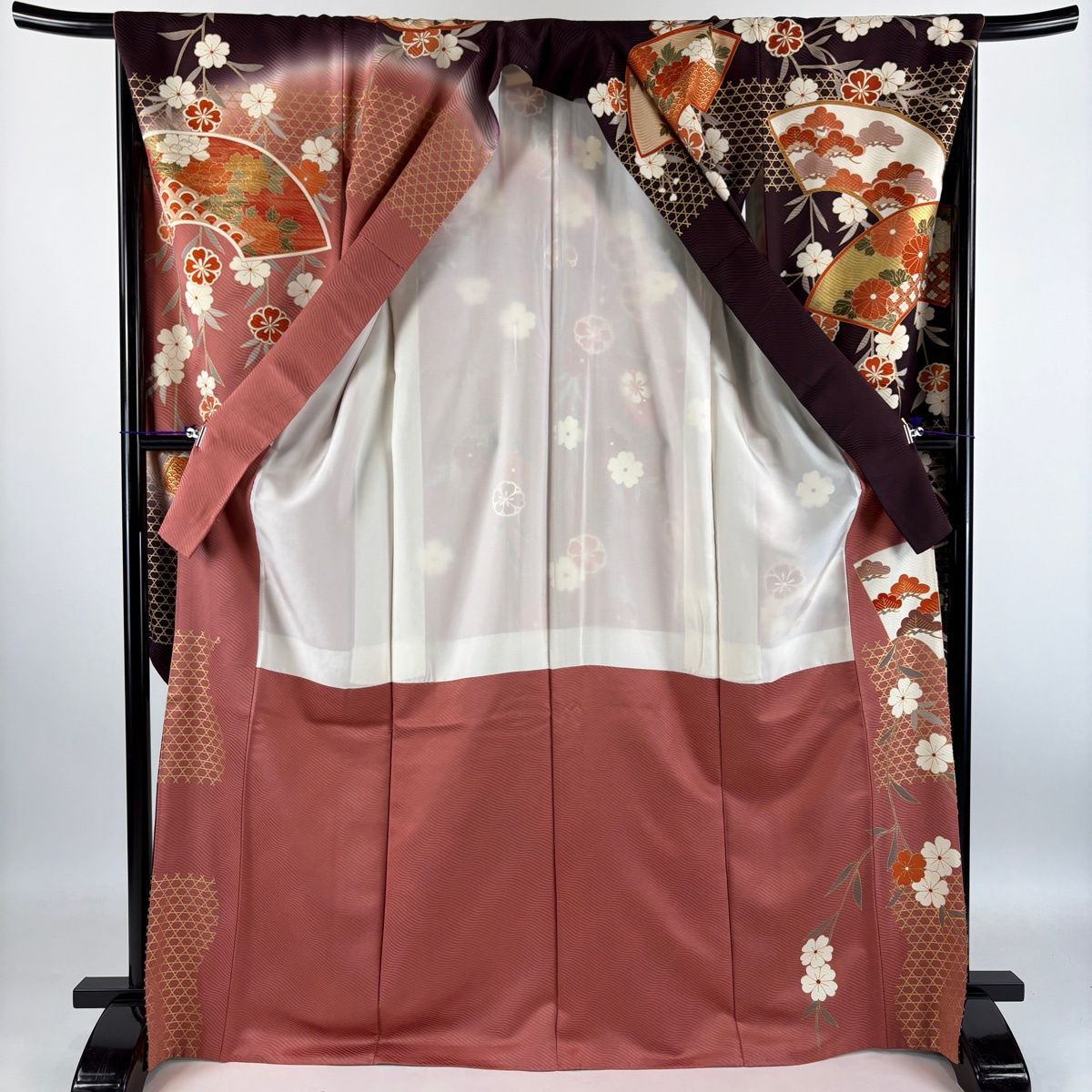 振袖 身丈171cm 裄丈68cm L 袷 扇面 草花 金糸 金彩 茶紫 正絹 秀品 