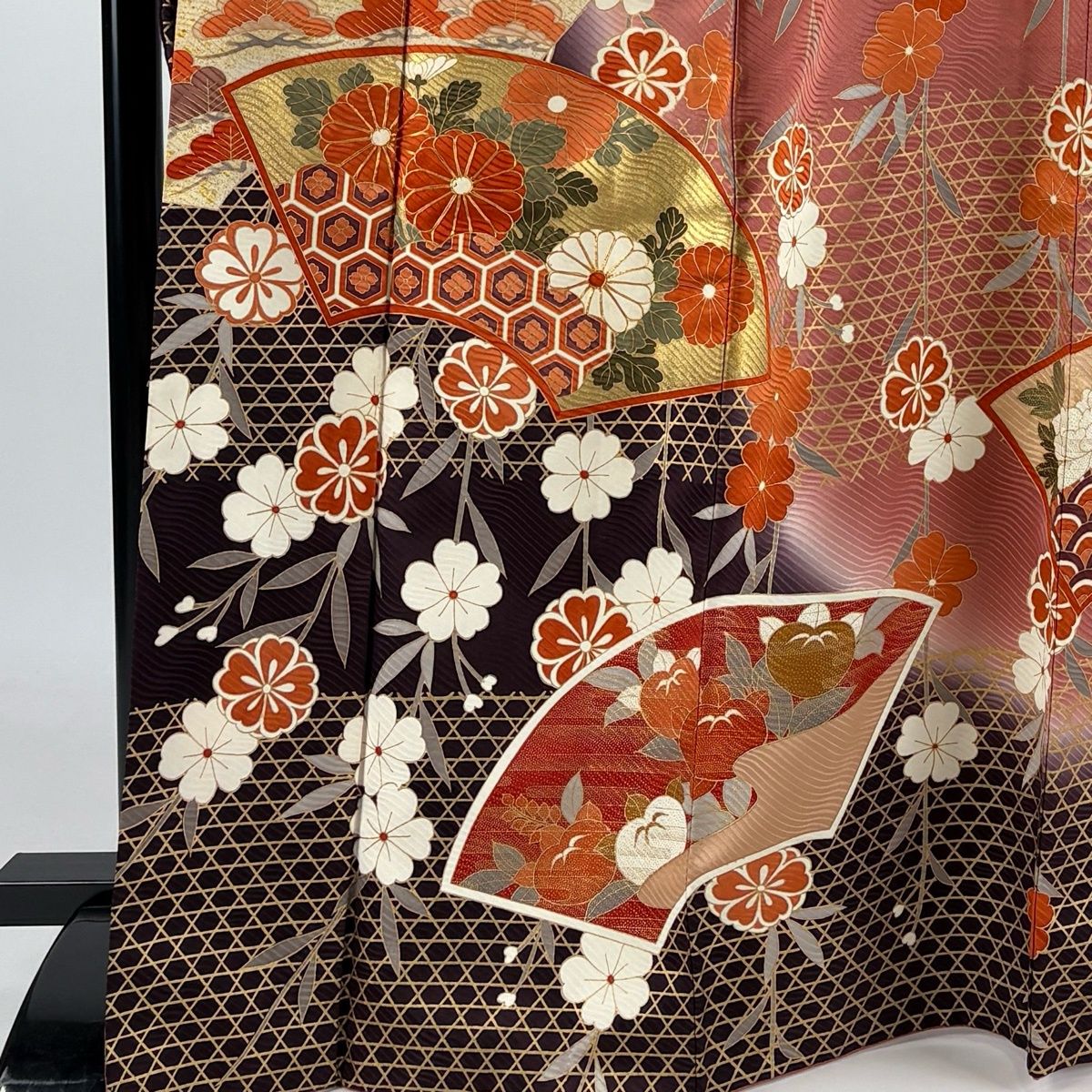 レディース 振袖 身丈171cm 裄丈68cm L 袷 扇面 草花 金糸 金彩 茶紫 正絹