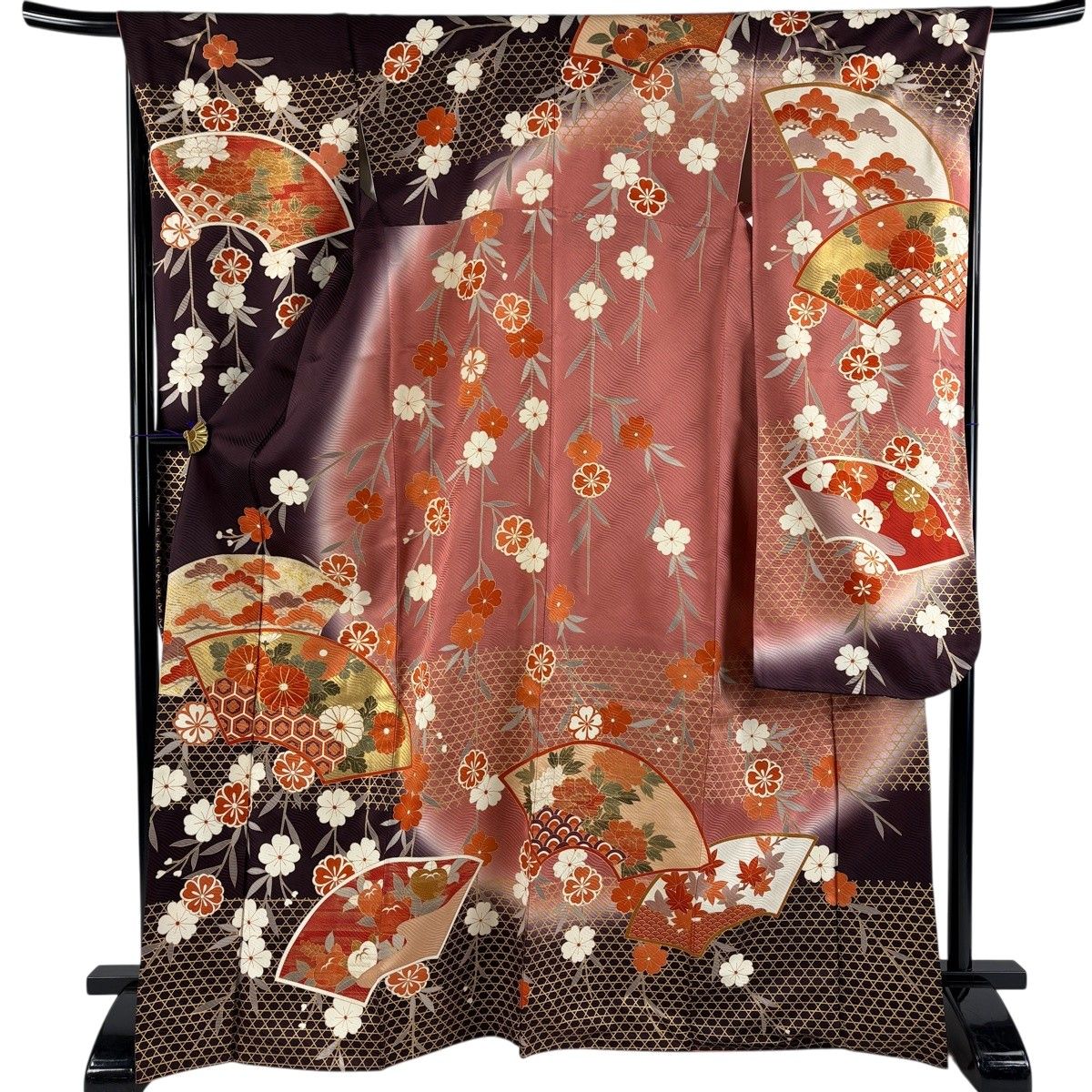 振袖 身丈171cm 裄丈68cm L 袷 扇面 草花 金糸 金彩 茶紫 正絹 秀品 