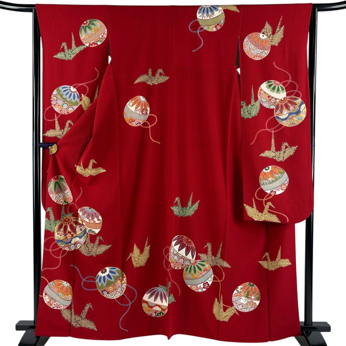 振袖 身丈163.5cm 裄丈64.5cm M 袷 手鞠 折り鶴 金糸 金彩 赤 正絹 秀品 【中古】