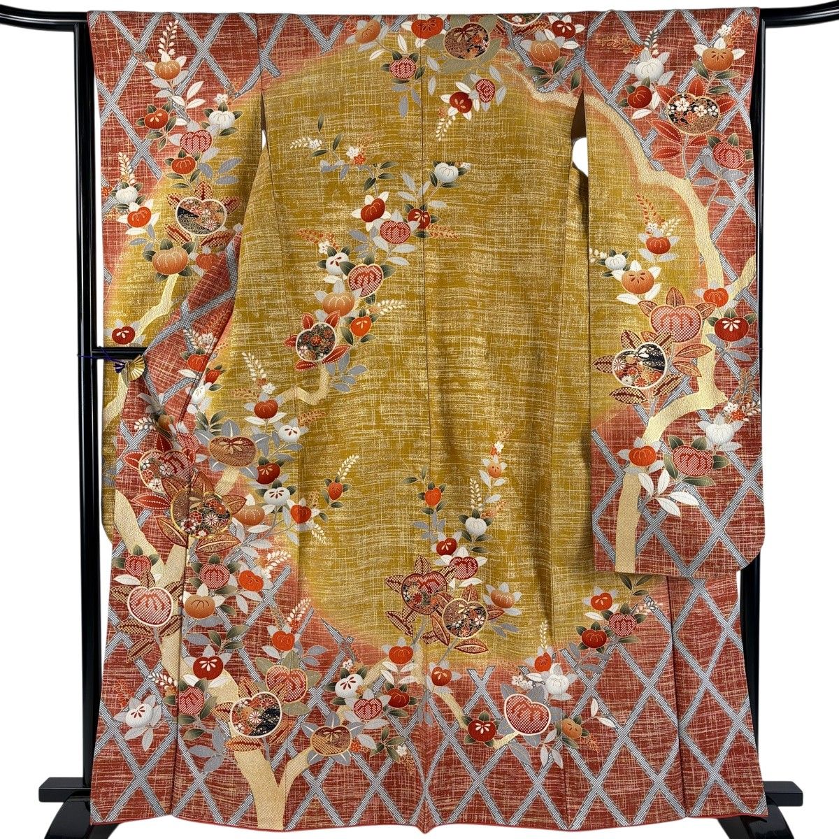 振袖 身丈163.5cm 裄丈64cm M 袷 橘 斜め格子 金糸 金彩 赤茶 正絹 秀品 【中古】