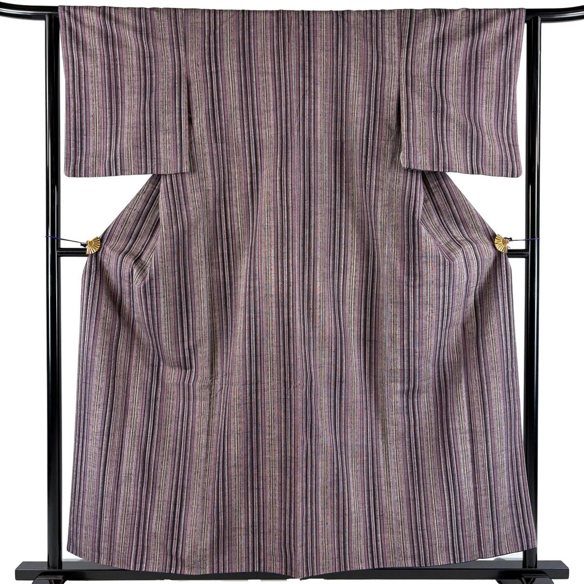【美品】 紬 身丈156.5cm 裄丈62cm S 袷 縦縞 紫 正絹 秀品 【中古】