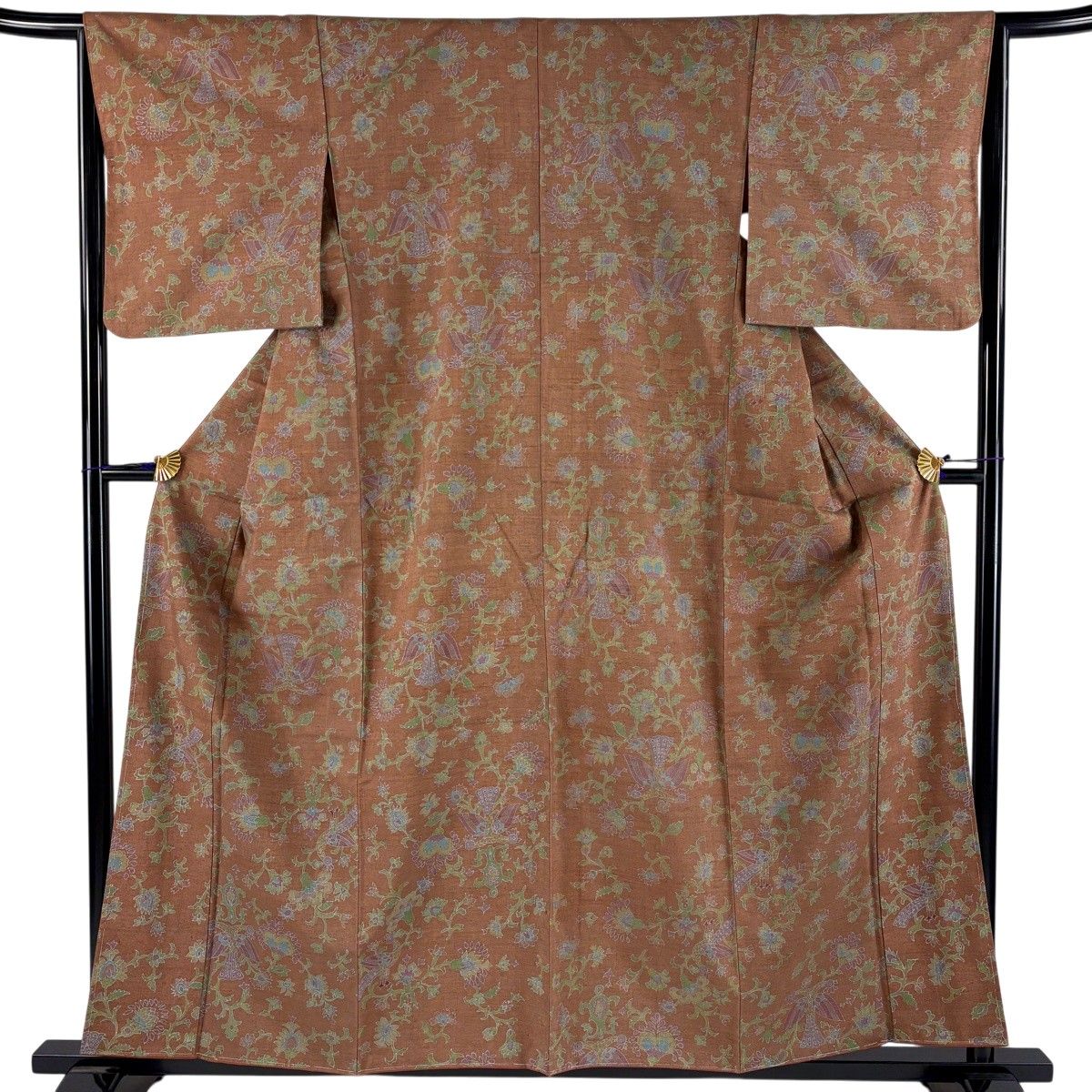 【美品】 小紋 身丈158cm 裄丈64cm M 袷 紬地 草花 鳥 茶色 正絹 秀品 【中古】