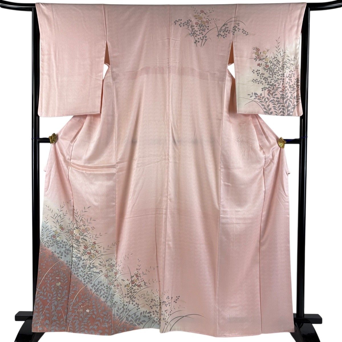 訪問着 身丈164.5cm 裄丈65cm M 袷 秋草 金銀彩 ぼかし ピンク 正絹 秀品 【中古】