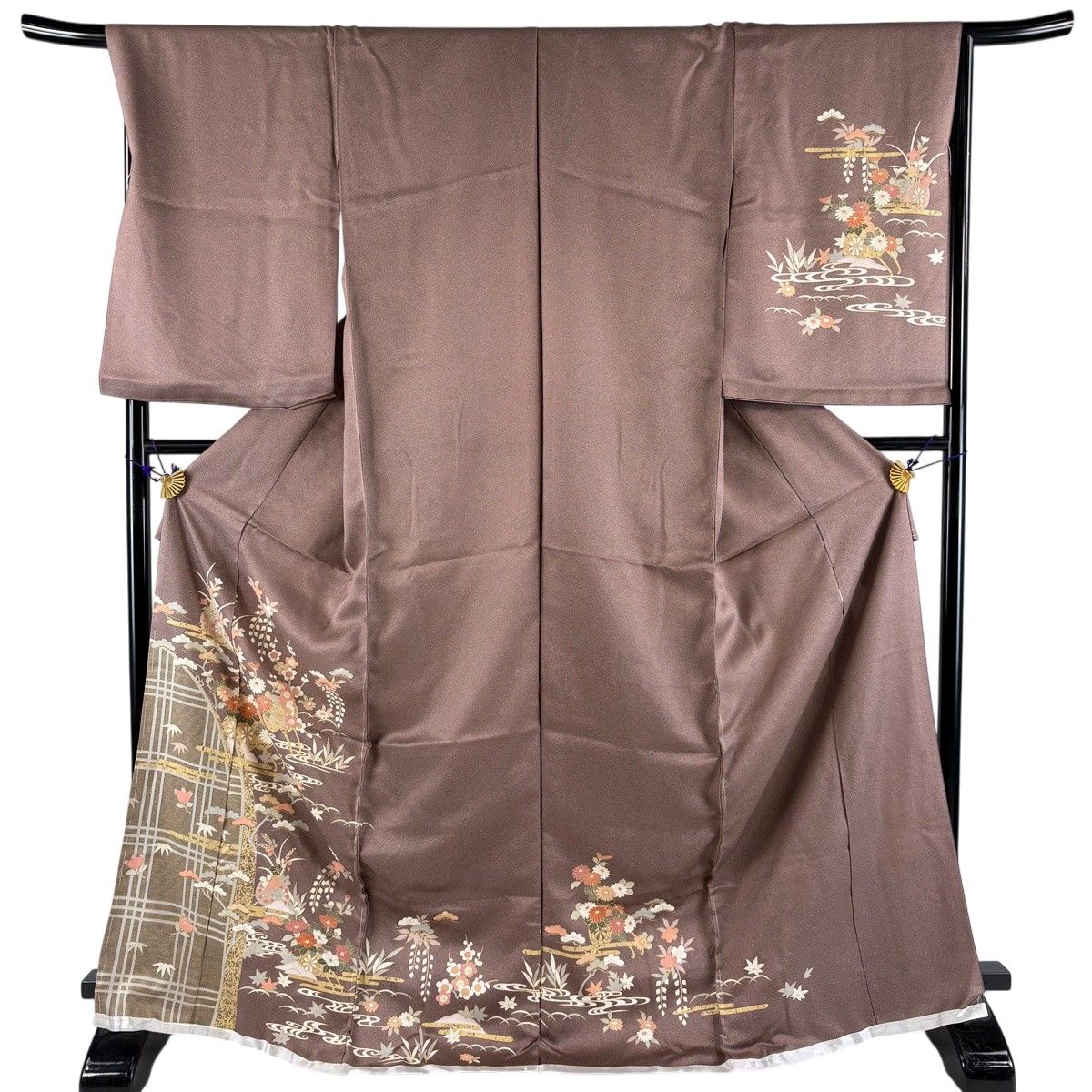 【美品】 訪問着 身丈174.5cm 裄丈68cm 未仕立て 仮絵羽 花車 松竹梅 金彩 小豆色 正絹 秀品 【中古】