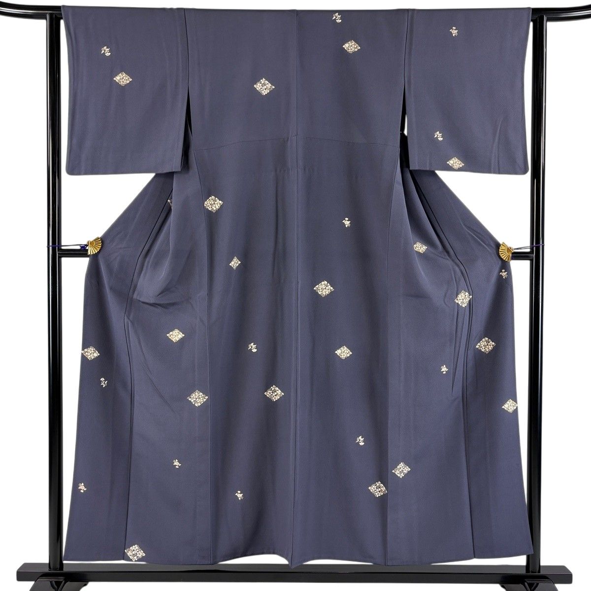小紋 身丈155cm 裄丈63cm S 単衣 草花 菱 金彩 青紫 正絹 秀品 【中古】