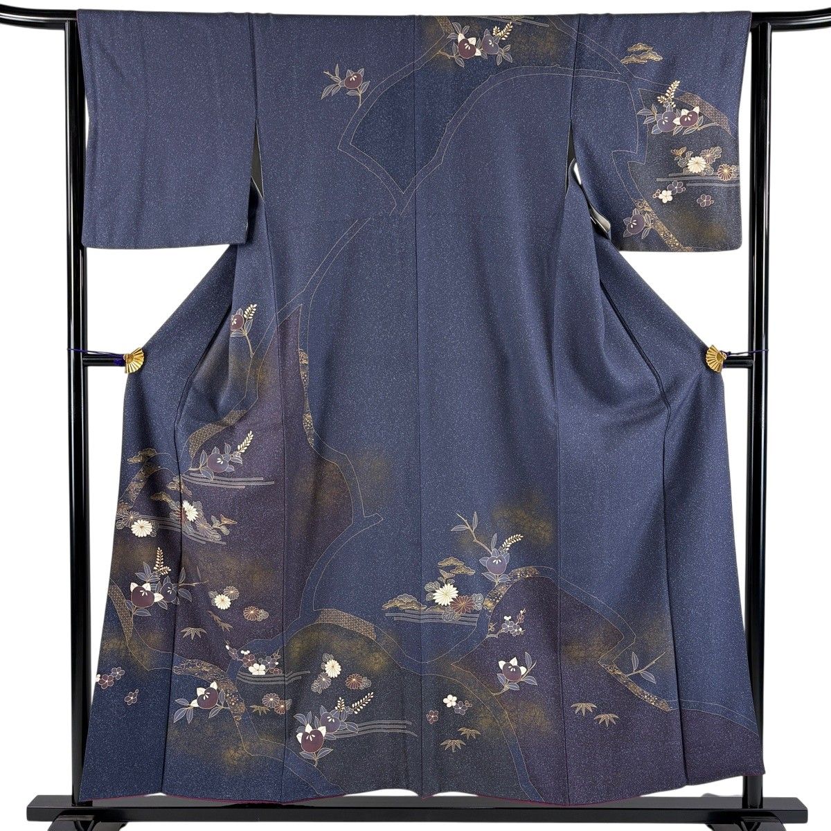 【美品】 訪問着 身丈155cm 裄丈64.5cm M 袷 松竹梅 菊 金彩 染め分け 紺色 正絹 秀品 【中古】