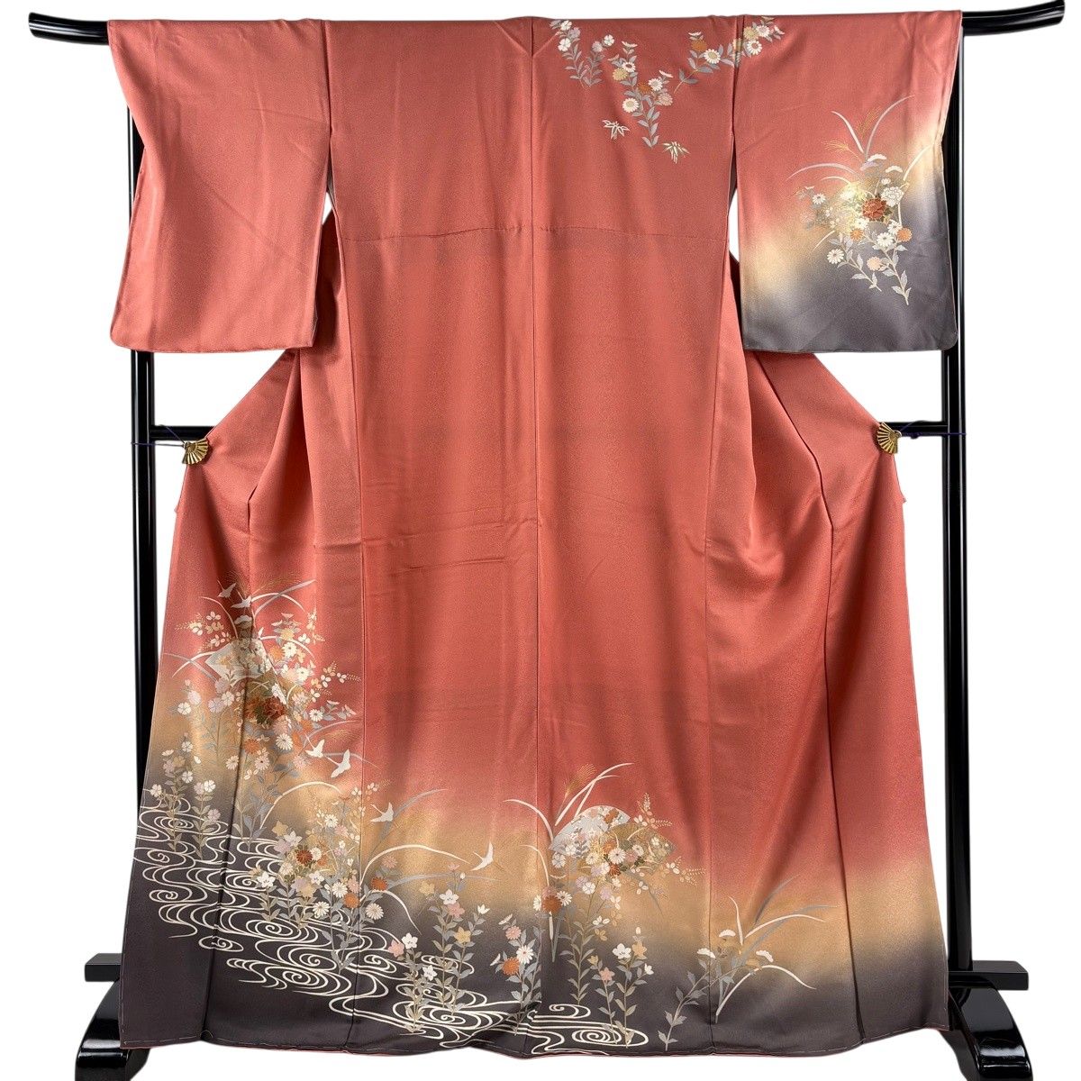 訪問着 身丈170cm 裄丈69cm L 袷 扇面 流水 金彩 ぼかし ピンク 正絹 秀品 【中古】