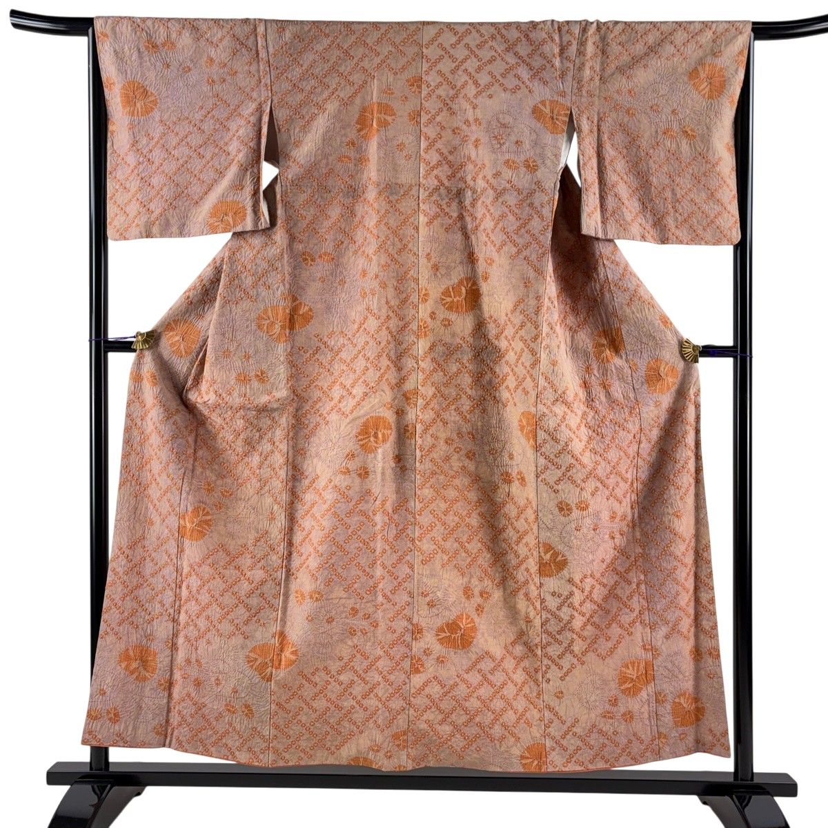 【美品】 小紋 身丈156.5cm 裄丈66cm M 袷 葵 幾何学 絞り 薄小豆 正絹 秀品 【中古】