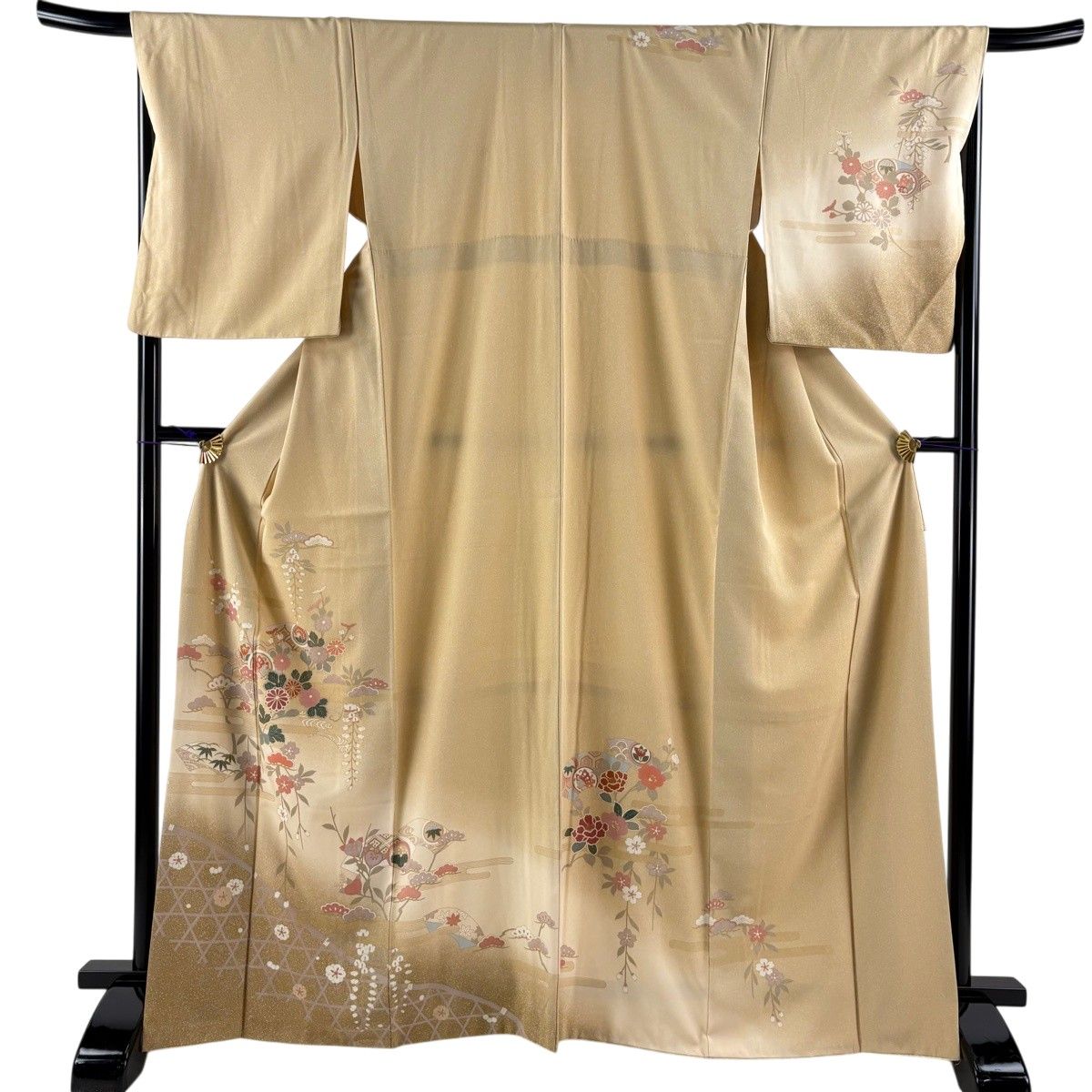 訪問着 身丈168cm 裄丈68cm L 袷 やまと 松竹梅 扇面 金彩 ぼかし 薄黄土色 正絹 秀品 【中古】