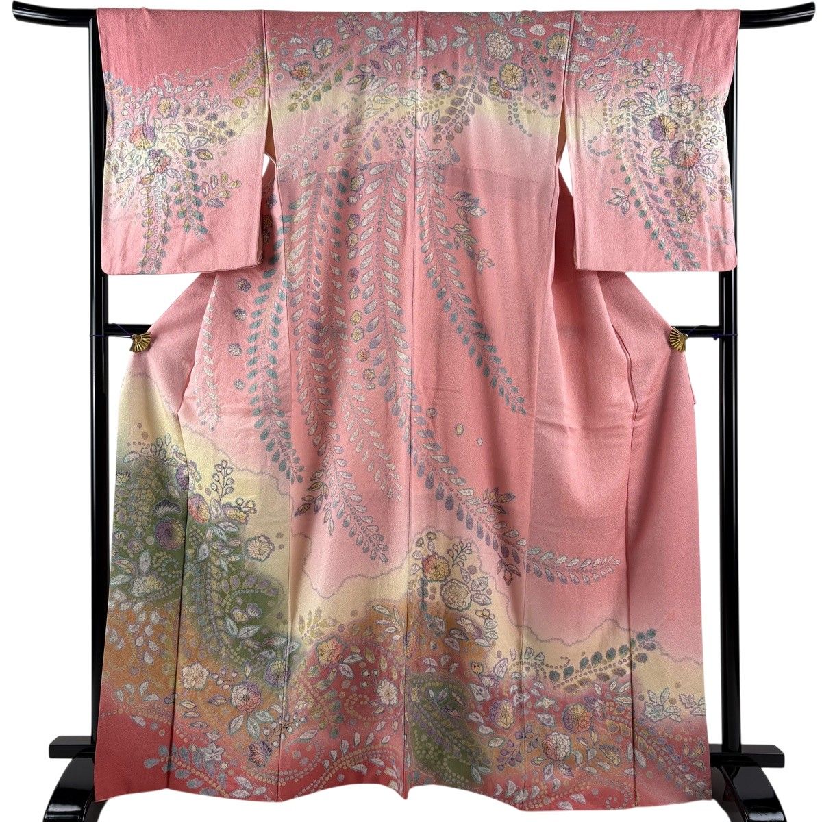 訪問着 身丈167cm 裄丈67cm M 袷 落款 辻が花 金彩 染め分け ピンク 正絹 秀品 【中古】