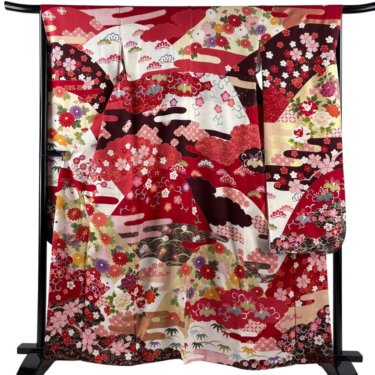 振袖 身丈162.5cm 裄丈67cm M 袷 菊 雲文 金糸 金彩 赤 正絹 秀品 【中古】