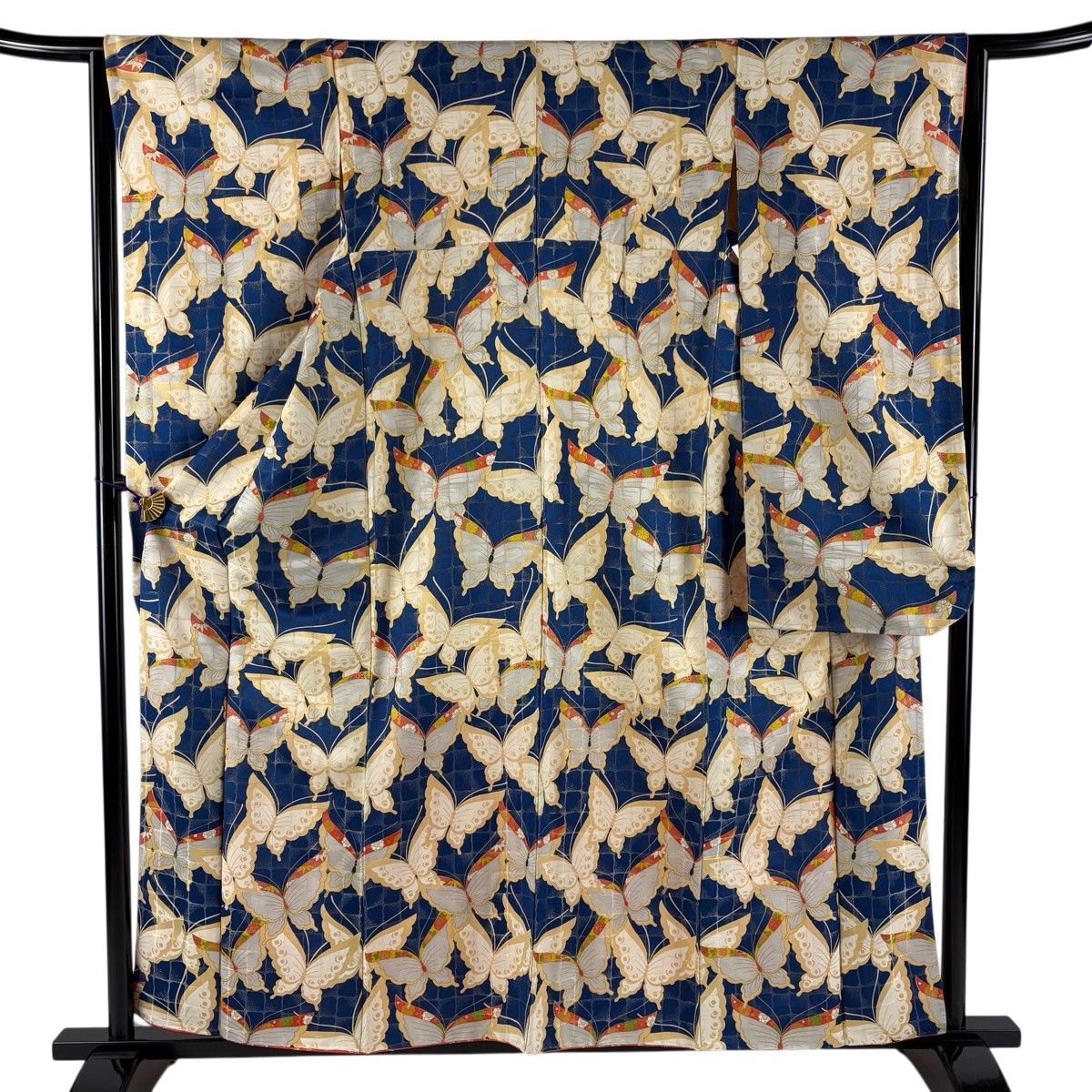 振袖 身丈158cm 裄丈64cm M 袷 蝶 菊 金通し 金彩 青 正絹 秀品 【中古】