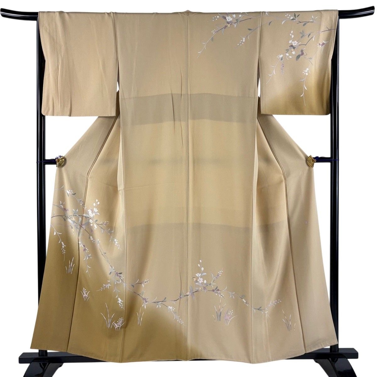 訪問着 身丈156cm 裄丈67cm M 袷 落款 枝花 草花 ぼかし 薄茶色 正絹 秀品 【中古】